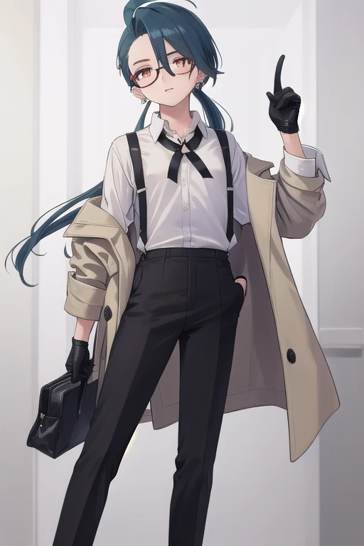 ((highest quality)), ((masterpiece)), (be familiar with),One girl,Chile,White Eyes,Earrings,Small breasts,Flat Chest,Black tie,shirt,White shirt,suspenders,Black gloves,Black trousers,shoes,good looking,Glasses,coat