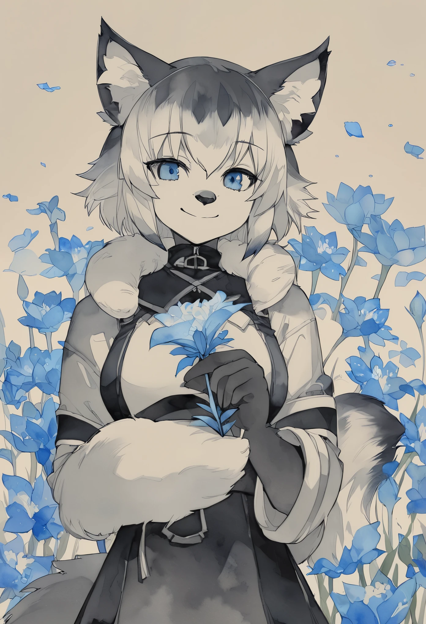 monochrome, watercolor, highres, top quality, best quality, paid reward available, High-quality illustrations, unparalleled masterpiece, perfect artwork, absurdres, 1girl, kemono, furry, detailed body fur, animal face, animal hand, Archaic Smile, holding a cluster of sky blue flower in both hands, which are positioned at chest level, She is wearing a simple ring on the ring finger of her left hand, unfocused spread of sky blue flower, fan-created work shared on platforms Pixiv or Twitter,