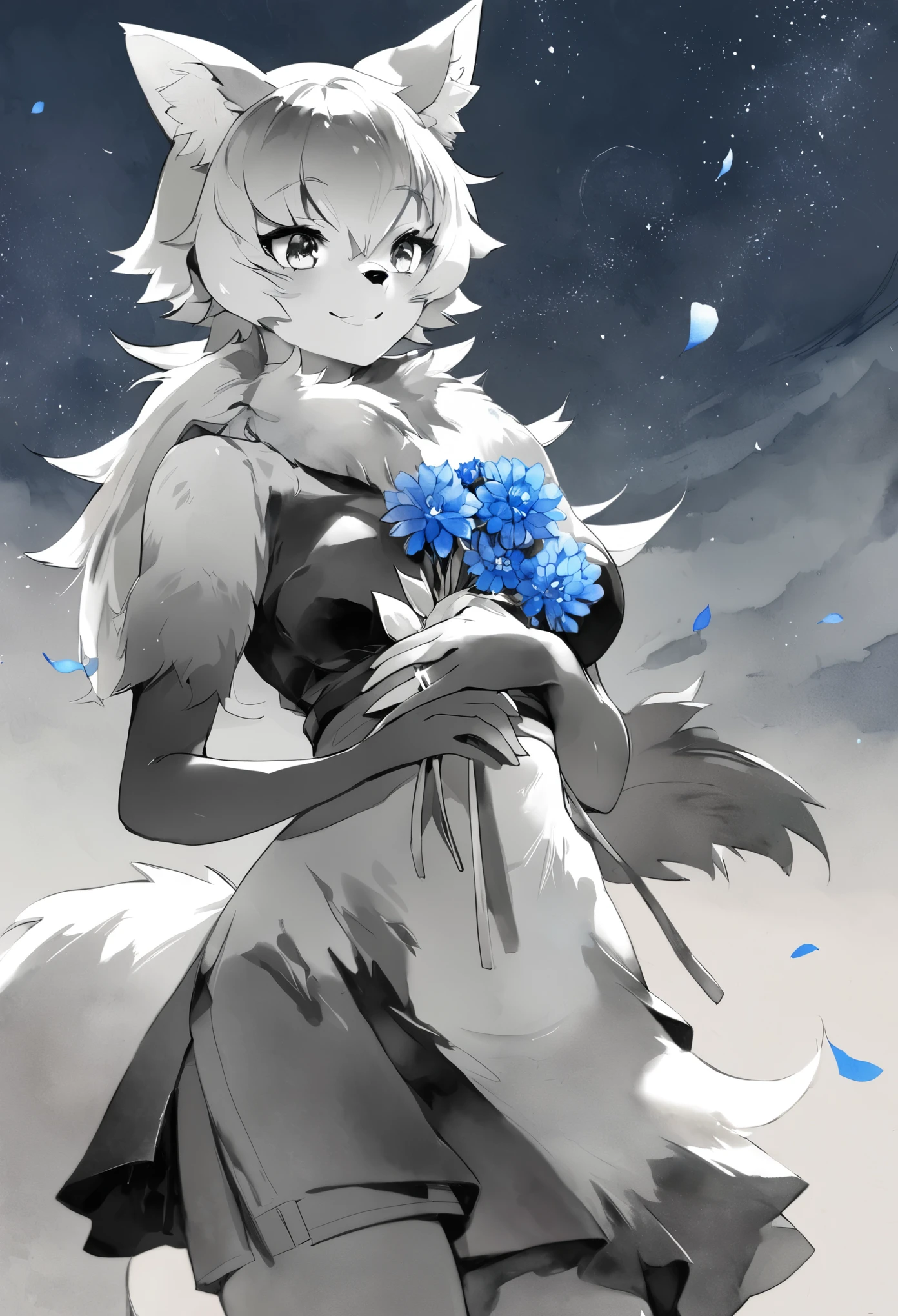 monochrome, watercolor, highres, top quality, best quality, paid reward available, High-quality illustrations, unparalleled masterpiece, perfect artwork, absurdres, 1girl, kemono, furry, detailed body fur, animal face, animal hand, Archaic Smile, holding a cluster of sky blue flower in both hands, which are positioned at chest level, She is wearing a simple ring on the ring finger of her left hand, unfocused spread of sky blue flower, fan-created work shared on platforms Pixiv or Twitter,