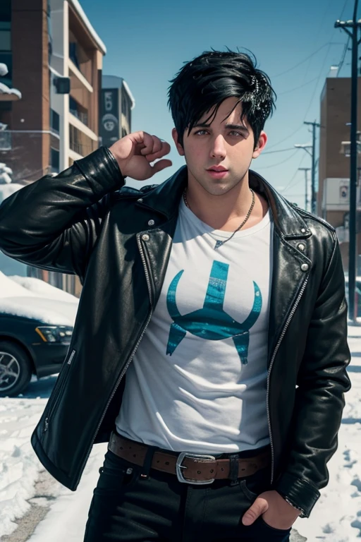 Josh Peck  20-year-old boy with open black jacket, blue t-shirt with snow print, short black hair, punk style, yellow locks, black jeans, green eyes, black leather belt, silver buckle, slim muscular build, cross medallion, silver bracelet, looking straight at the viewer