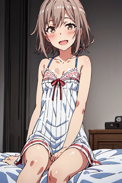 ((highest quality)), ((masterpiece)), (be familiar with), Perfect Face, indoor, Bedroom, Watching the audience,
One woman, Yuigahama Yui,
Open Mouth, Ecstatic expression, blush, smile,
Small breasts, Flat Chest, Young Girl, , , Girl,
Short Hair, Salmon-colored hair, Salmon-colored eyes, Side Pony,
Leg spread,