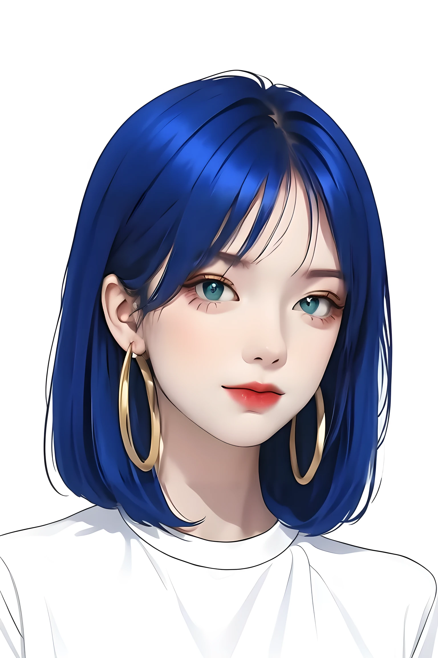 1 cute girl,colorful hair,straight_hair,short hair,hair wings,hoop_earrings,blue eyes,black short sleeve T-shirts,solid color background, cold expression, simple background, minimalist, evil smile, facing the camera, looking at the audience