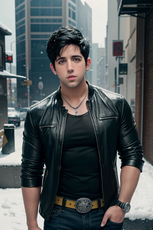 Josh Peck  20-year-old boy with open black jacket, blue t-shirt with snow print, short black hair, punk style, yellow locks, black jeans, green eyes, black leather belt, silver buckle, slim muscular build, cross medallion, silver bracelet, looking straight at the viewer