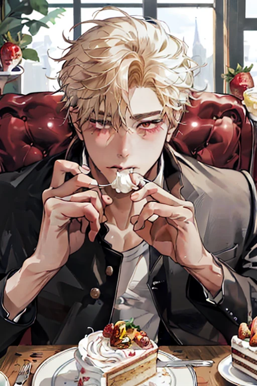 masterpiece, best quality, high quality, look at viewer, There was a boy sitting down, Young and handsome face, 1 boy, :o, blonde hair, red eyes, In the cafe, eating whole cake, messy eating, eating with his hands, strawberry sponge cake, whipped cream around the mouth, smash cake, Hands full of whipped cream, perfect hands, gakuran, open the front of the gakuran, T-shirt