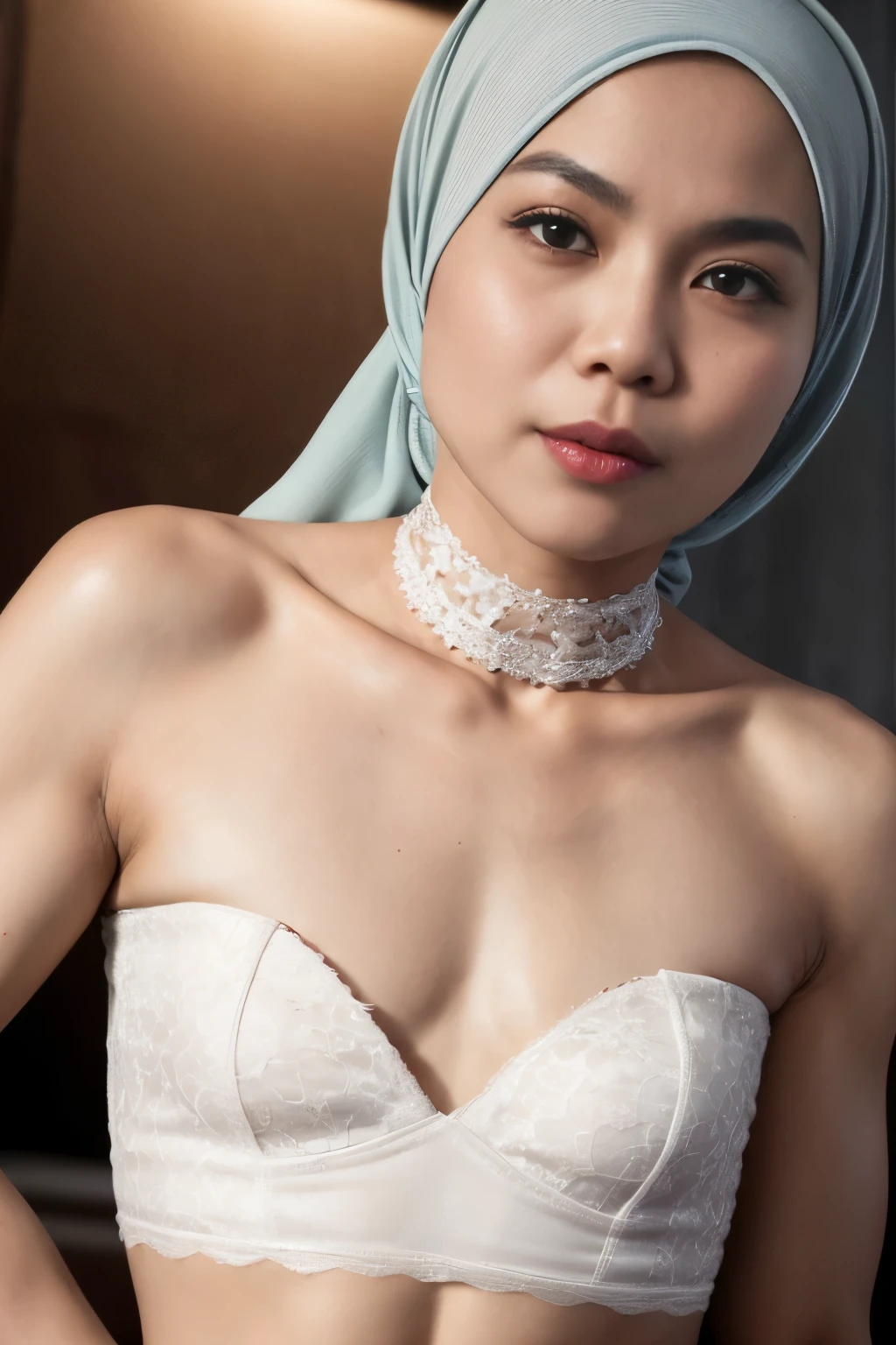 ((SHORT HIJAB)), ((Flat chest:1.7)), (dynamic photograph of a 58 year old Indonesian woman), (slim top, cotton panties), (straight non curly hair), (highly detailed face:1.4), (vascular muscles and abs:1.3), (background inside light, bright, private gym:1.1), (8k, uhd, dslr, high quality, cinematic lighting, bokeh), (dramatic, award winning photography, incredible masterpiece:1.3), (((sexy sultry stare at camera:0.8))), close up, ((she is ready to dominate you:0.5)), ((beautiful feminine face)) (she is a champion MMA fighter), add_detail:1, ((Wearing strapless pastel)) lace white & white , from behind view, seductive pose