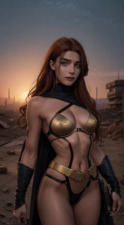 Apocalyptic Deep Artwork, Everything in detail, Highest image quality, 8k, Perfect panoramic composition: Full body 1 beautiful 20-year-old woman, 8K Detailed Golden Ratio Face, beautiful auburn hairstyle, beautiful 2-eyelid eyes, Smiling Chi, Standard body shape, handgun handle, sexy sexy American soldier outfits.