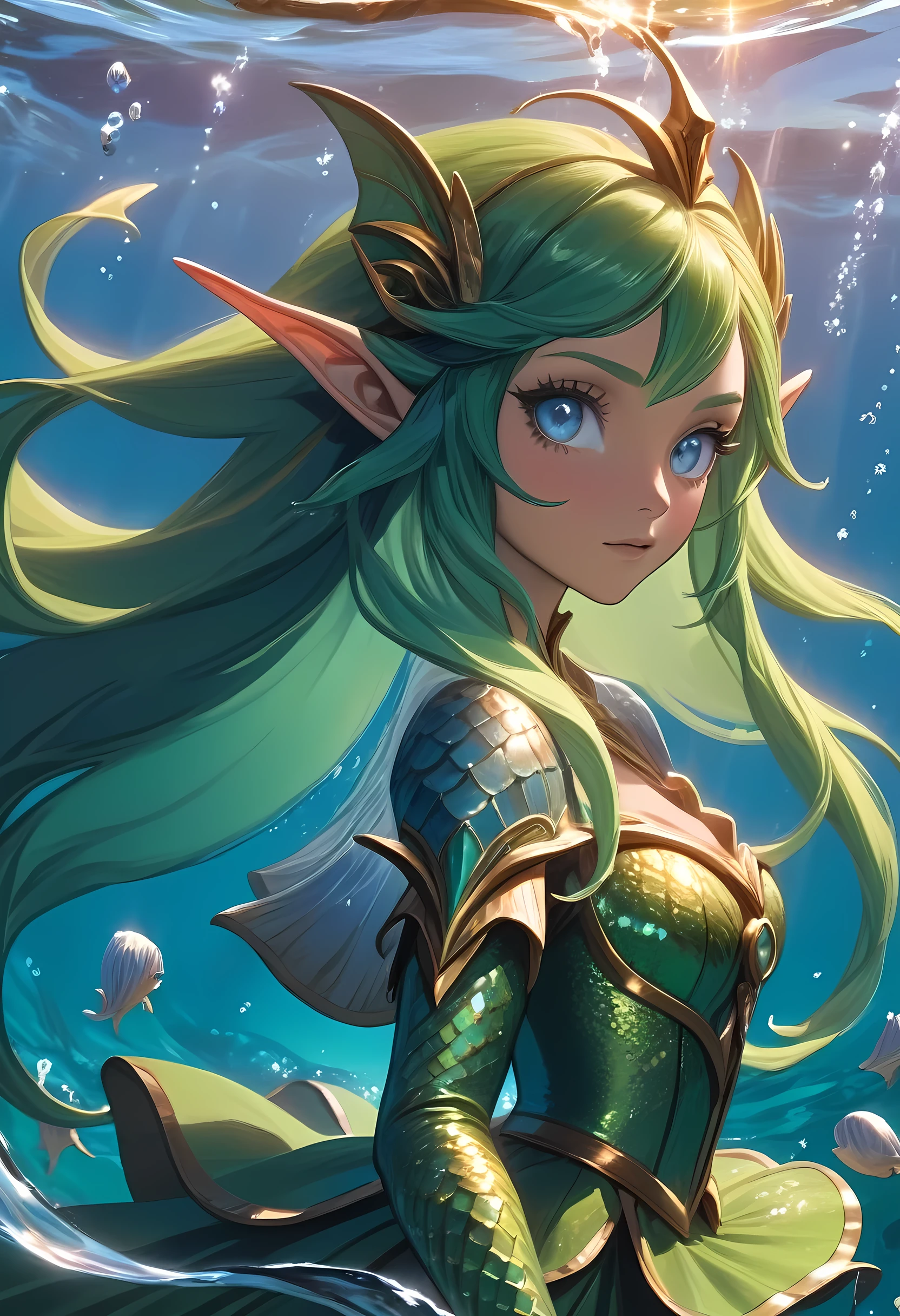 high details, best quality, 16k, [ultra detailed], masterpiece, best quality, (extremely detailed), dynamic angle, ultra wide shot, RAW, photorealistic, fantasy art, dnd art, rpg art, realistic art, an ultra wide picture of a sea elf (1.5 intricate details, Masterpiece, best quality) water mage casting ((water control spell)), water wizard ((water magic, intense magic details)), (( controlling a swirling mass of water)), magical symbols, female sea elf, blue skin, green hair, long hair, swirling hair, intense eyes, small pointed ears, ((blue eyes)), ((glowing eyes)), armed with magical wand, wearing sea shell clothing, beautiful elf, underwater background, rich underwater life, ((magical atmosphere)), fish and sea weeds, high details, best quality, highres, ultra wide angle