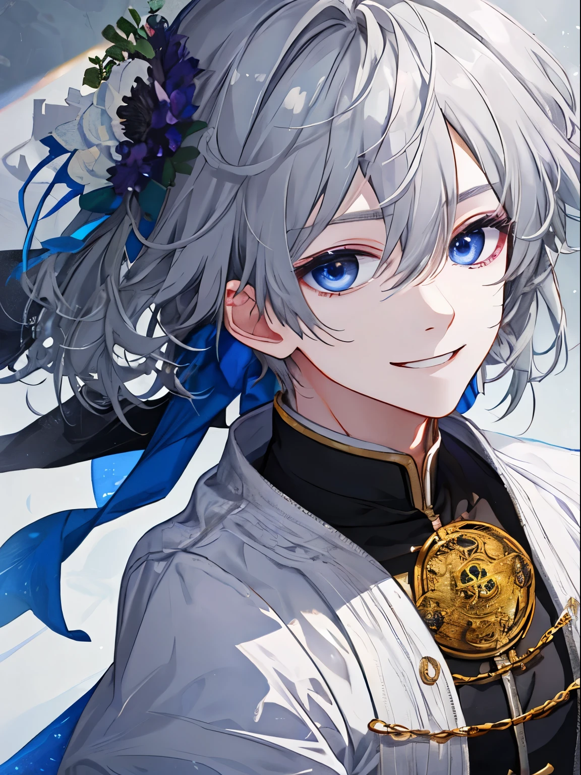 Beautiful boy,Looking at me and smiling,Gray Hair,blue eyes,White skin、