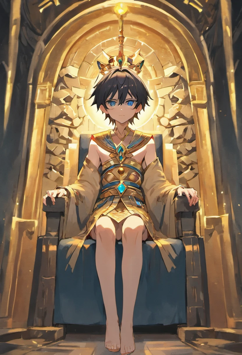 13 year old pharaoh boy, pale white skin, cabello azul corto lacio, ojos azul claro, Egyptian clothing adorned with golden jewelry while sitting on an Egyptian throne with an egocentric expression