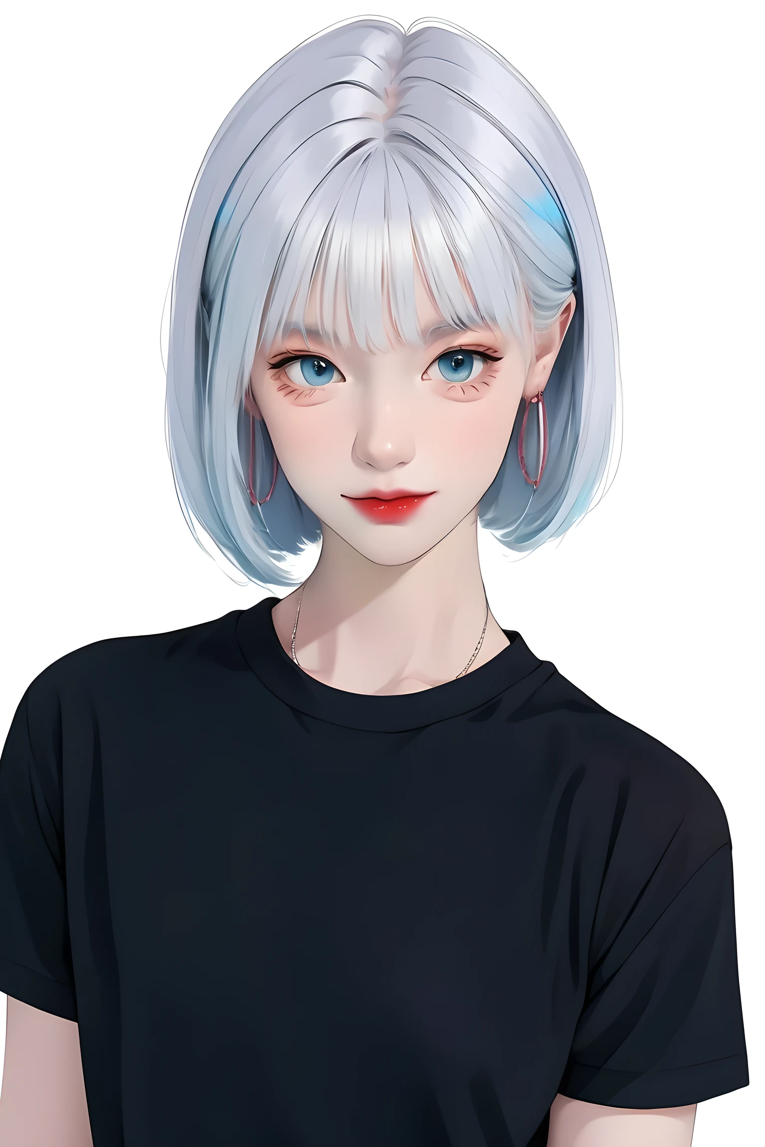 1 cute girl,colorful hair,straight_hair,short hair,hair wings,hoop_earrings,blue eyes,black short sleeve T-shirts,solid color background, cold expression, simple background, minimalist, evil smile, facing the camera, looking at the audience