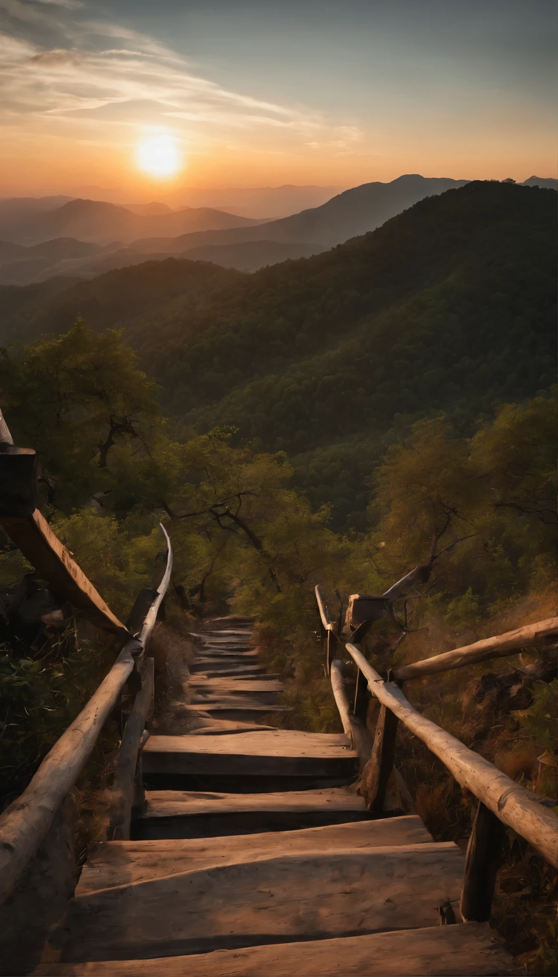A photo of the top stairs at Upland Mountain, Jilin Province overlooking rolling hills under an orange sunset sky. The light gray wooden staircase has visible beams and black metal railings leading up, with a small path on one side descending into another part of the mountain landscape. It has a panoramic view with distant softly focused mountains. The style is reminiscent of an artist capturing the landscape. --ar 43:64