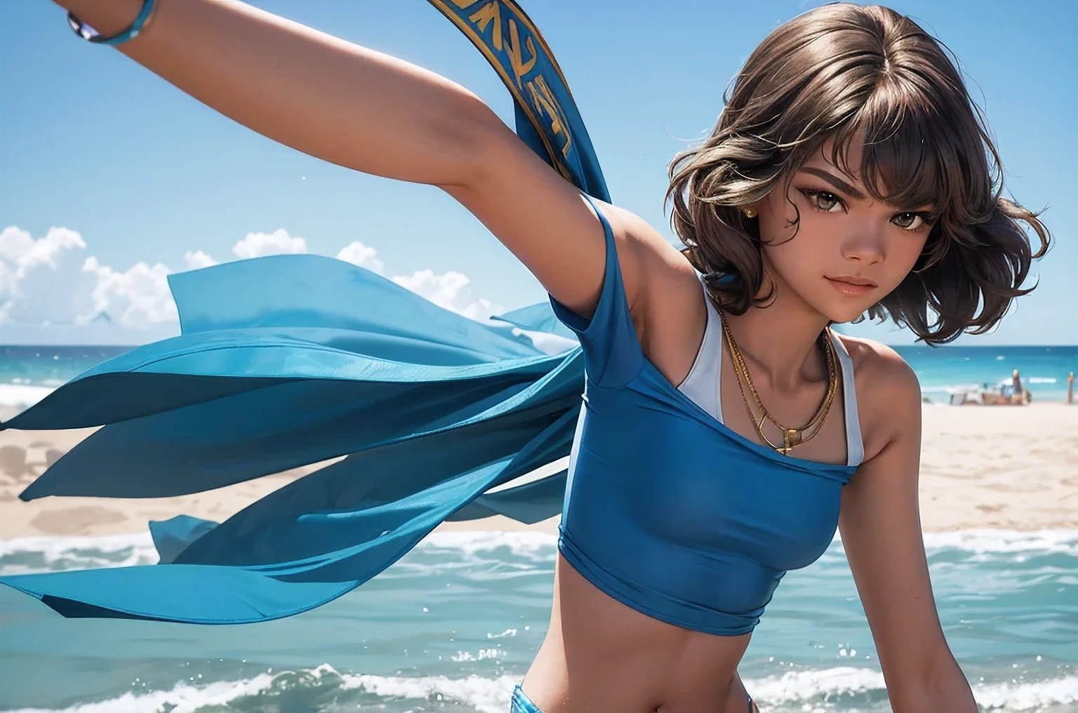 (best quality, masterpiece), 1girl, 1980s \(style\), (zendaya:1.3) gorgeous young woman, wearing a blue shiny T-shirt, clous-up, on the beach, sunny day, perfect contrast, high sharpness, depth of field, ultra detailed photography, global illumination, smooth, ultra high definition, flickr, 4k,