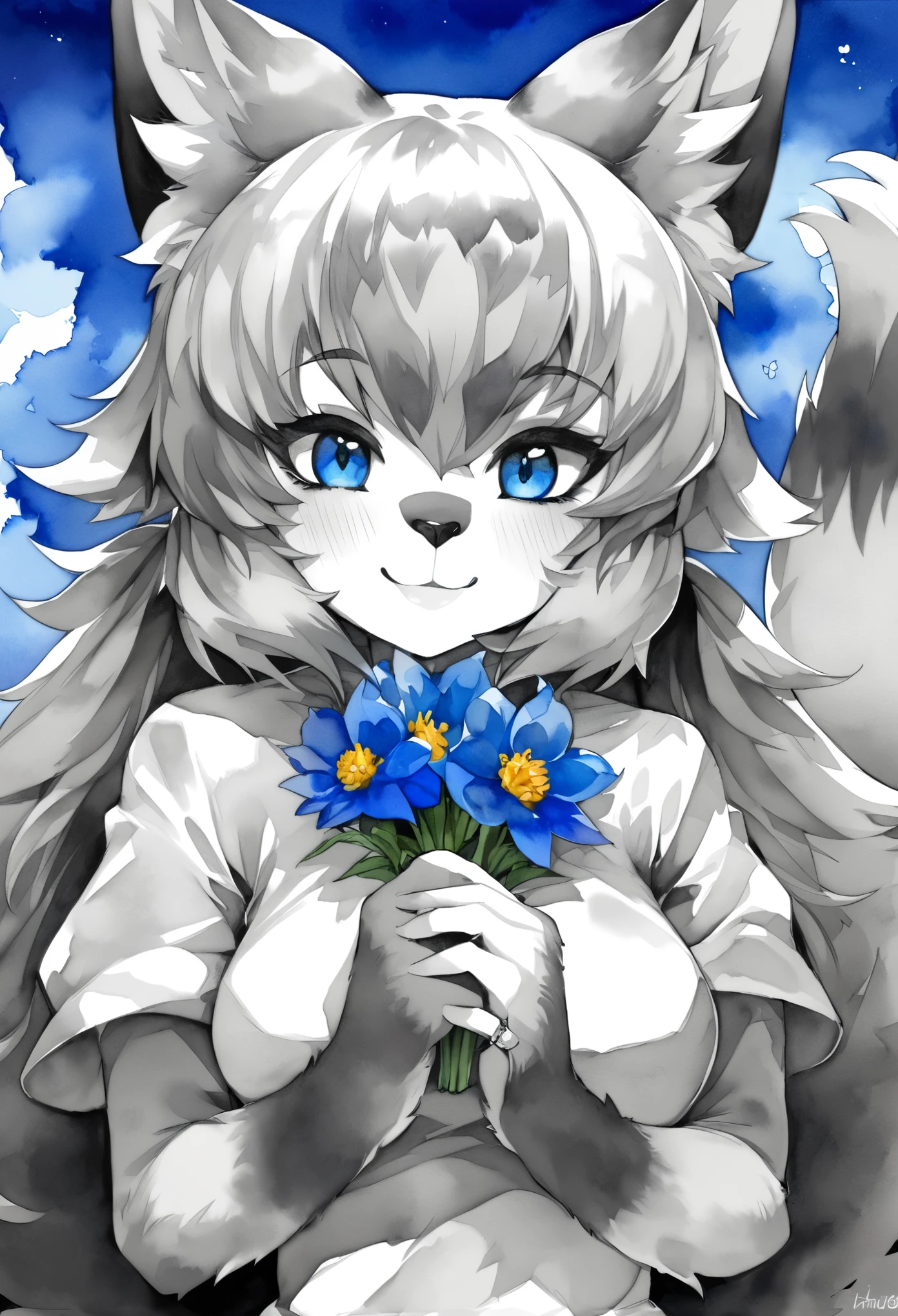 monochrome, watercolor, highres, top quality, best quality, paid reward available, High-quality illustrations, unparalleled masterpiece, perfect artwork, absurdres, 1girl, kemono, furry, detailed body fur, animal face, animal hand, Archaic Smile, holding a cluster of sky blue flower in both hands, which are positioned at chest level, She is wearing a simple ring on the ring finger of her left hand, unfocused spread of sky blue flower, fan-created work shared on platforms Pixiv or Twitter,