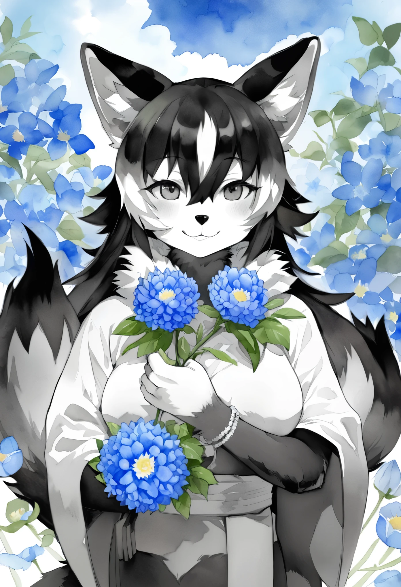 monochrome, watercolor, highres, top quality, best quality, paid reward available, High-quality illustrations, unparalleled masterpiece, perfect artwork, absurdres, 1girl, kemono, furry, detailed body fur, animal face, animal hand, Archaic Smile, holding a cluster of sky blue flower in both hands, which are positioned at chest level, She is wearing a simple ring on the ring finger of her left hand, unfocused spread of sky blue flower, fan-created work shared on platforms Pixiv or Twitter,