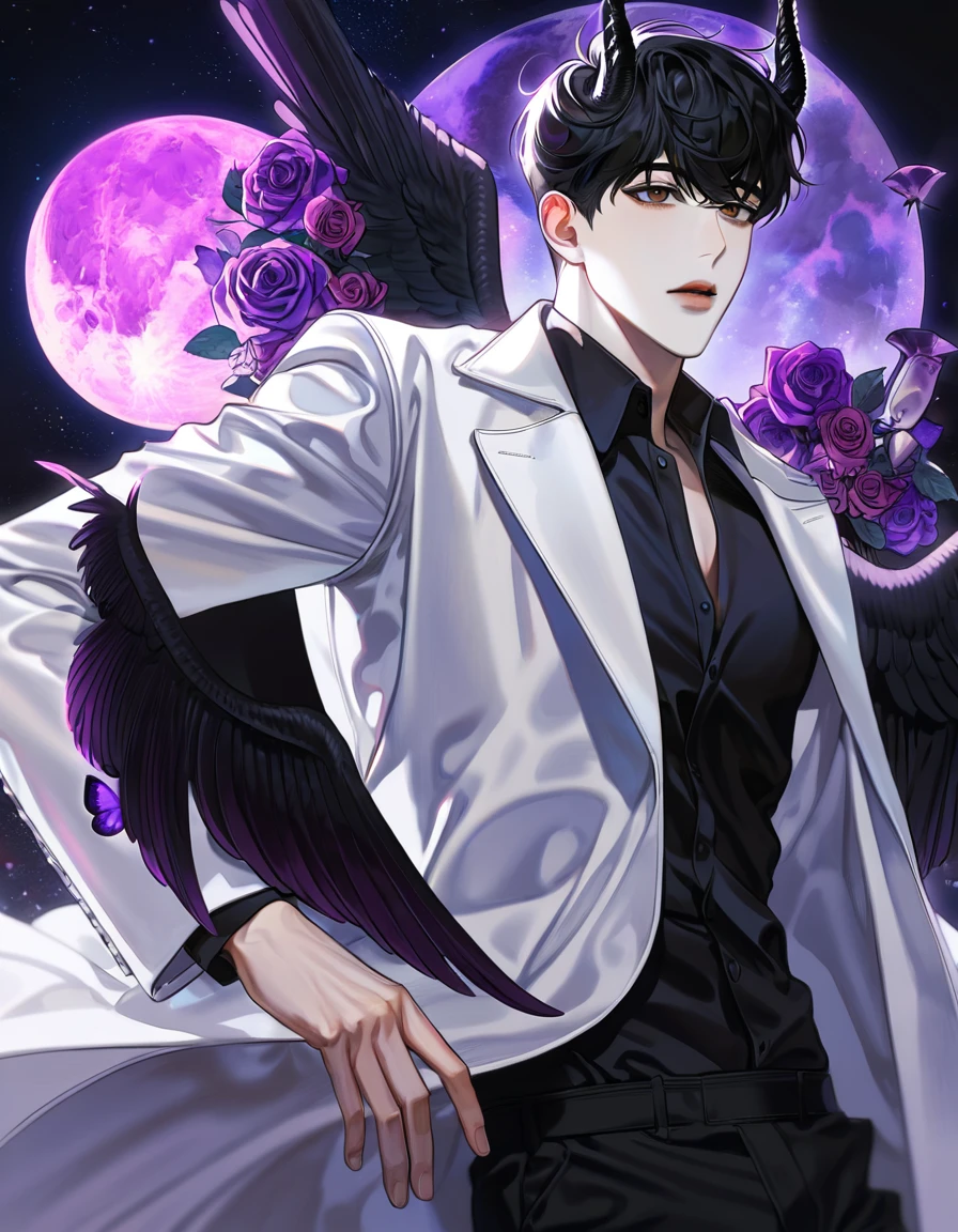 (absurdres, highres, ultra detailed, HDR) master piece, best quality, perfect face, Kim Dokja, black hair, expressive brown eyes, Omniscient reader's viewpoint, solo, sexy man, handsome, white coat, black shirt, black pants, black horns, black angel wings, purple moon, purple flames, purple butterflies, purple roses, starry sky