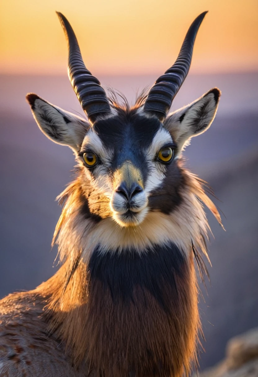 markhor Capra falconeri looking straight at the camera with the sun setting in the background.