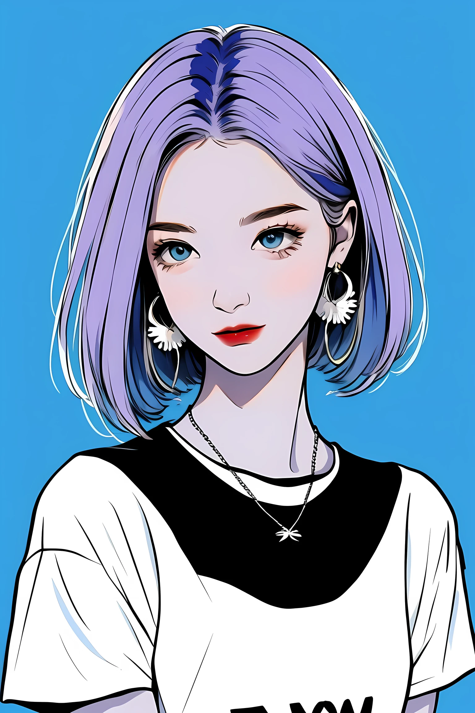 1 cute girl,colorful hair,straight_hair,short hair,hair wings,hoop_earrings,blue eyes,black short sleeve T-shirts,solid color background, cold expression, simple background, minimalist, evil smile, facing the camera, looking at the audience