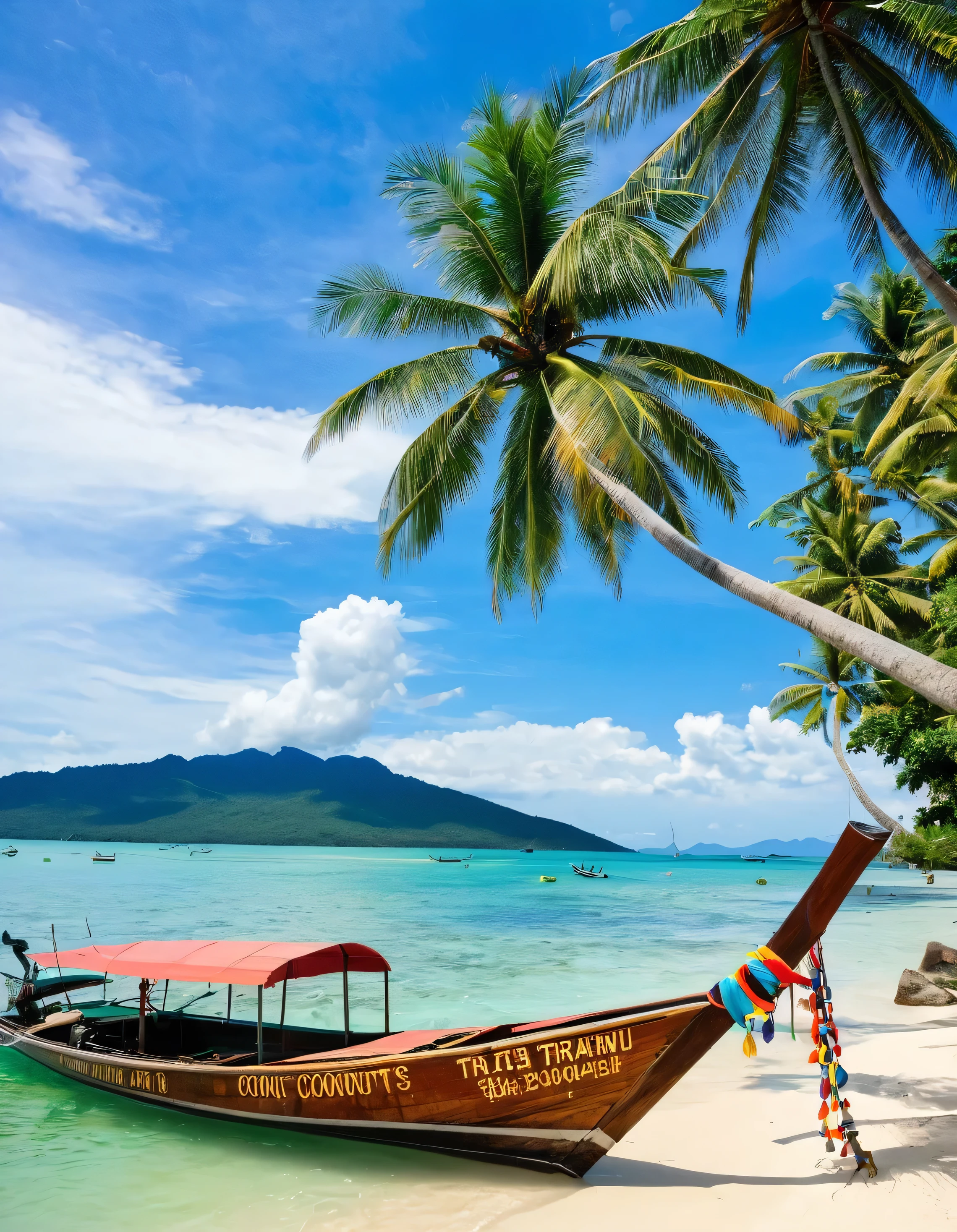 coconuts tree, Long tail boat, the beach, Koh Samui, Thailand.