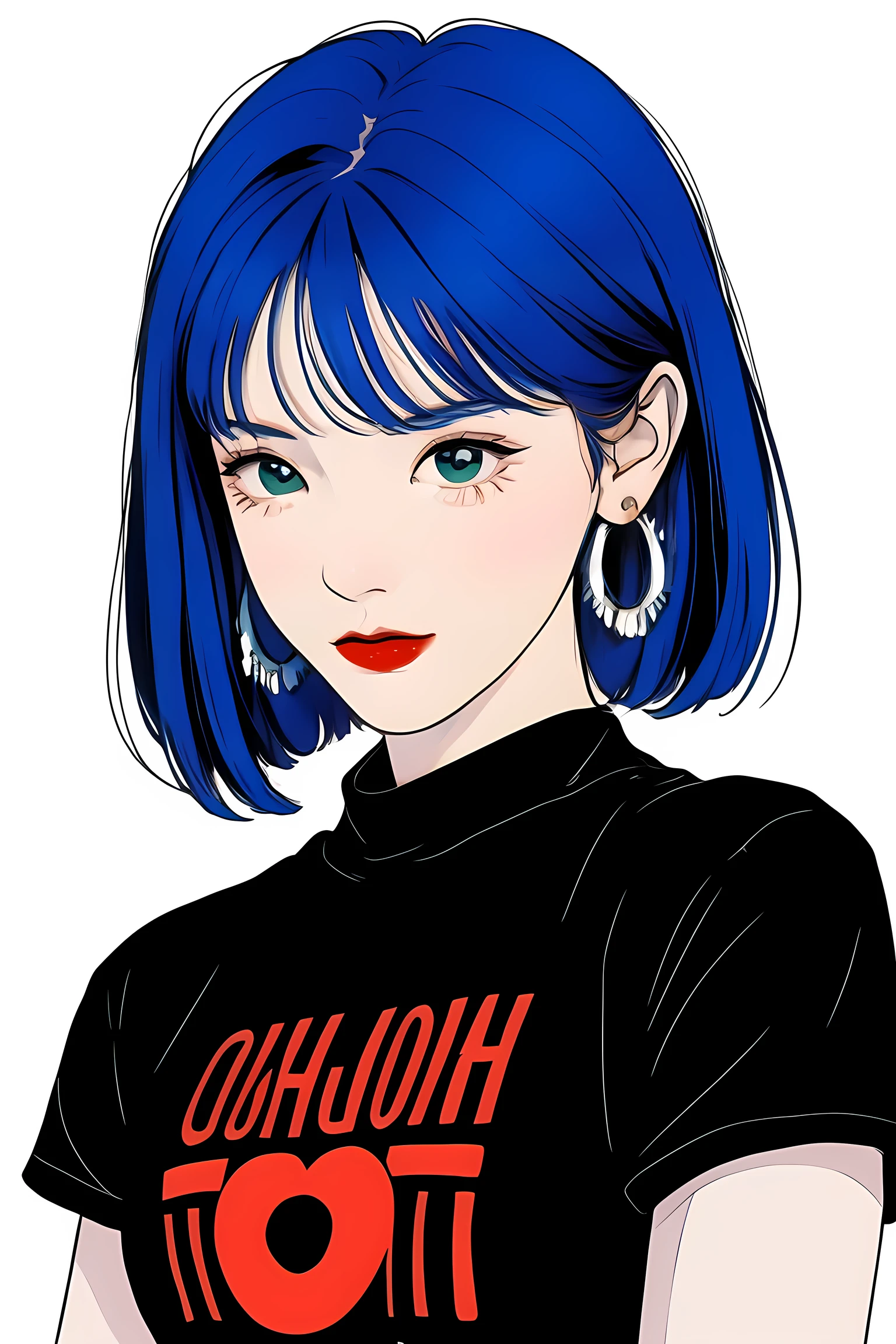 1 cute girl,colorful hair,straight_hair,short hair,hair wings,hoop_earrings,blue eyes,black short sleeve T-shirts,solid color background, cold expression, simple background, minimalist, evil smile, facing the camera, looking at the audience