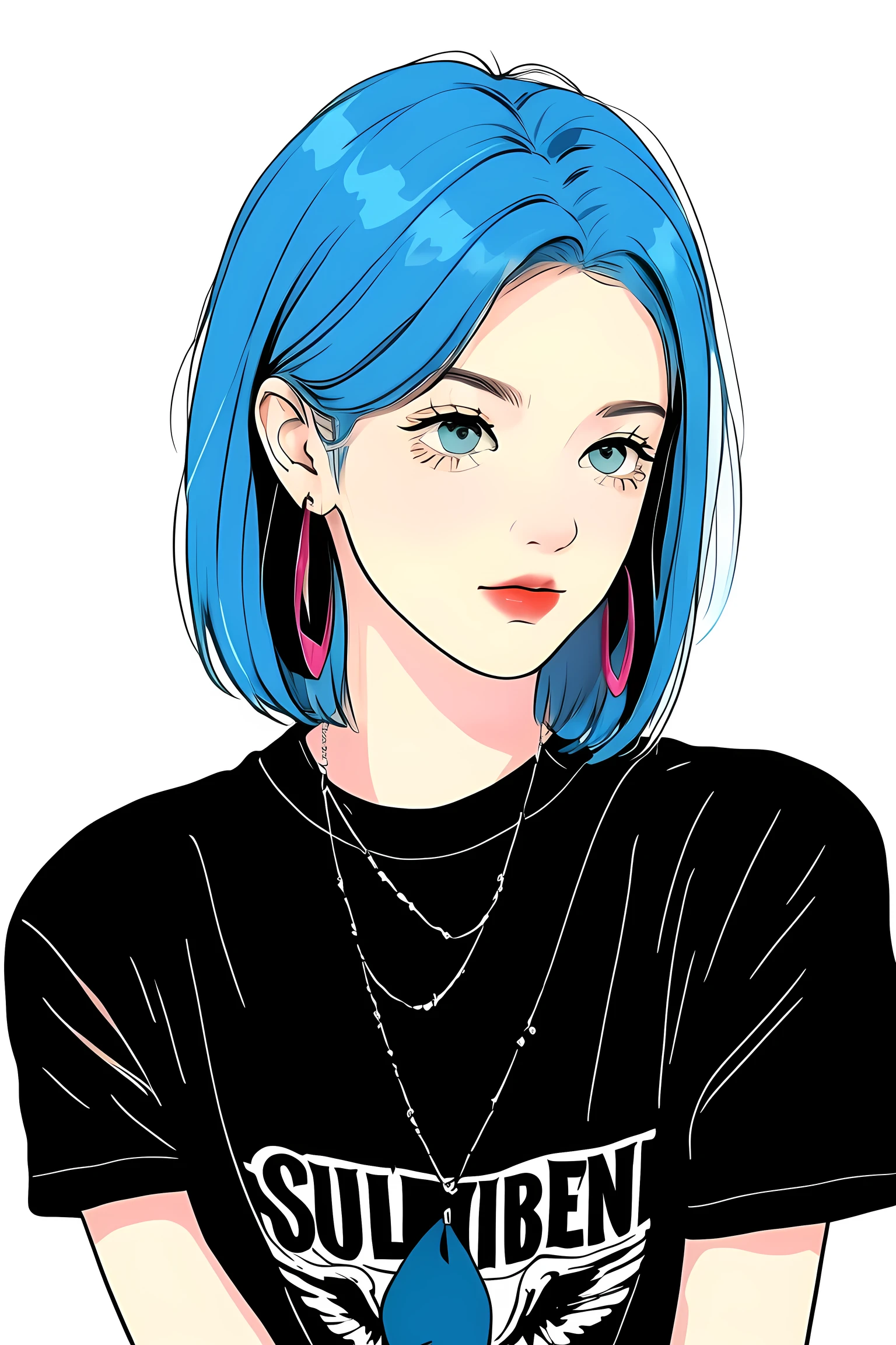 1 cute girl,colorful hair,straight_hair,short hair,hair wings,hoop_earrings,blue eyes,black short sleeve T-shirts,solid color background, cold expression, simple background, minimalist, evil smile, facing the camera, looking at the audience