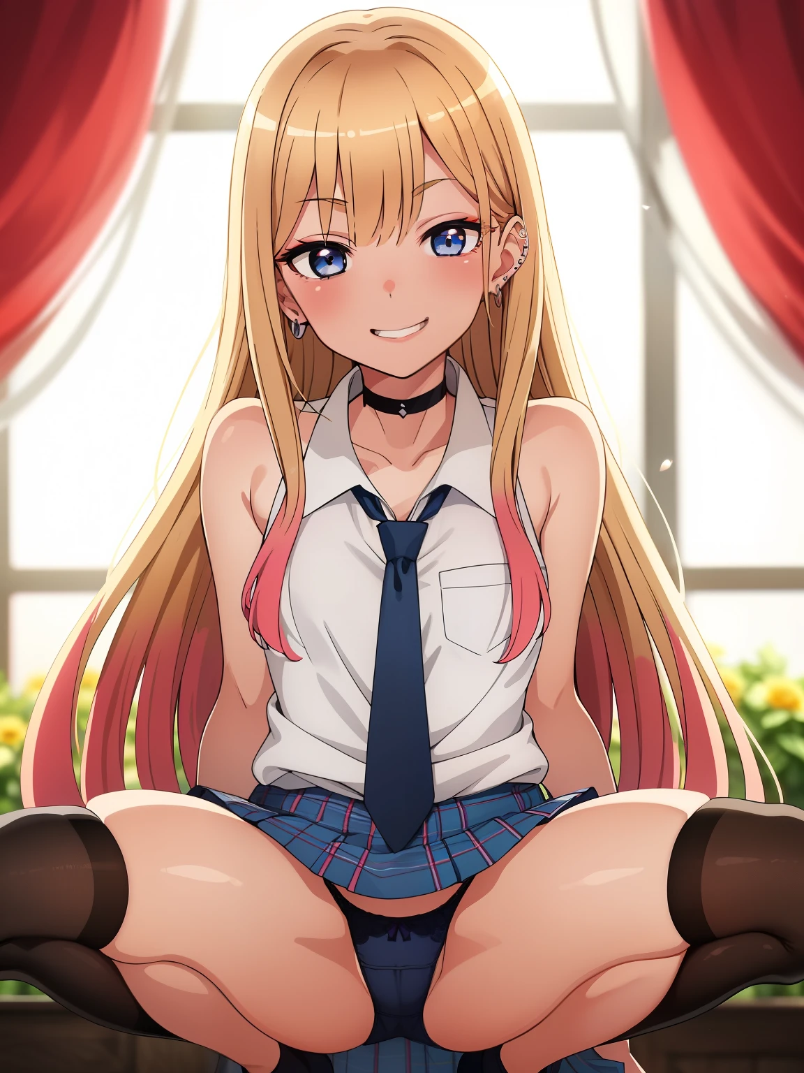 1girl in、A smile、Underwear、Cute underwear、Upper body portrait、Squatting panchira、masterpiece, best quality, highres, kitagawa marin, 1girl, blonde hair, long hair, multicolored hair, red eyes, jewelry, earrings, piercing, , white shirt, tied shirt, black choker, blue necktie, plaid skirt, grin, smile, standing, cowboy shot, outdoors, 32K, 8K, (In the chest:1.2), Arms above the head, ((Opening legs)), ​masterpiece, Gorgeous lace string underwear in dark blue、((T-back panties that dig into the crotch))、Japan idle, Wide waist, ((open one's legs)), (Sloppily open your mouth), （Open both eyes wide), sweaty and shiny skin, Blonde hair, poneyTail、Look at viewers , full body Esbian、perfect bodies、Luxury hotel lounges、、smiling at you,(masterpiece:1.2, best quality), (finely detailed beautiful eyes: 1.2), ((1girl)), ((solo)), (blue eyes:1.4), (finely detailed eyes and detailed face:1.3), (beautiful and clear background:1.2), (extremely detailed CG, ultra-detailed, best shadow:1.1), ((depth of field)), ((watercolor)),  bare shoulders, beautiful concept illustration, (white background:0.5), (illustration:1.1), (extremely fine and beautiful:1.1), (perfect details:1.1), from side,  colorful, happy atmosphere, sleeveless, vampire,  fang teeth, pale skin, royal, garden of flowers, calm expression, colorful flowers, sweet