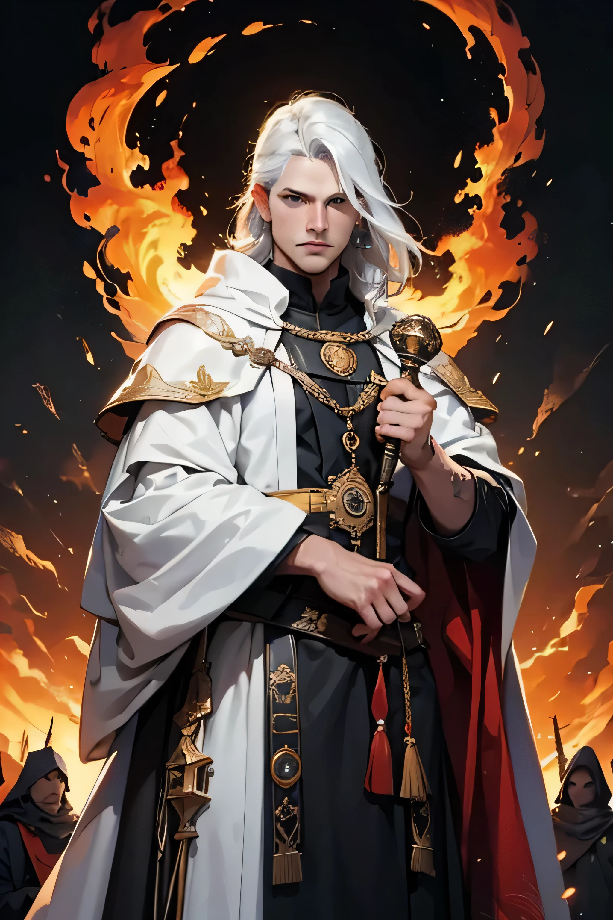 um feiticeiro homem, roupa de feiticeiro, fogo por todo lado, escritas arcana, olhos azuis, cabelos pretos, roupas com desenhos de escrituras, castelo ao fundo, Fire manipulation, fire in hands, olhos azuis, corpo inteiro, vestindo uma bata, barbas longas.