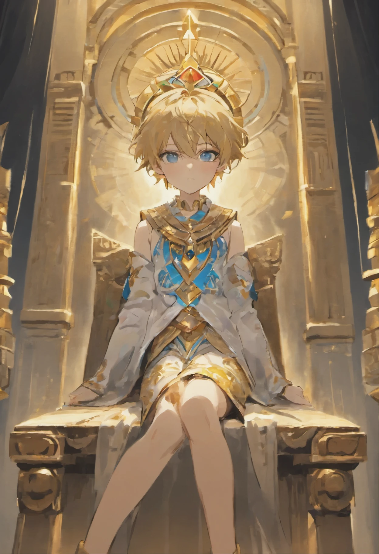 old pharaoh boy, pale white skin, cabello azul corto lacio, ojos azul claro, Egyptian clothing adorned with golden jewelry while sitting on an Egyptian throne with an egocentric expression