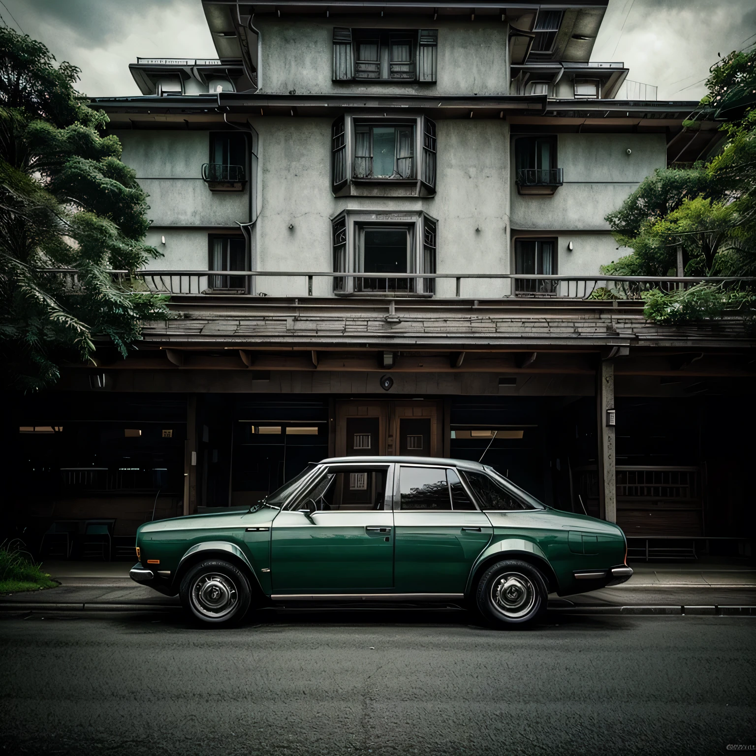 /imagine prompt: Opel Rekord sedan 4 doors, 1972, black color, fhotorrealism,(((Ghibli style))), Spirited Away, Howl's Moving Castle, dreamy colour palette,