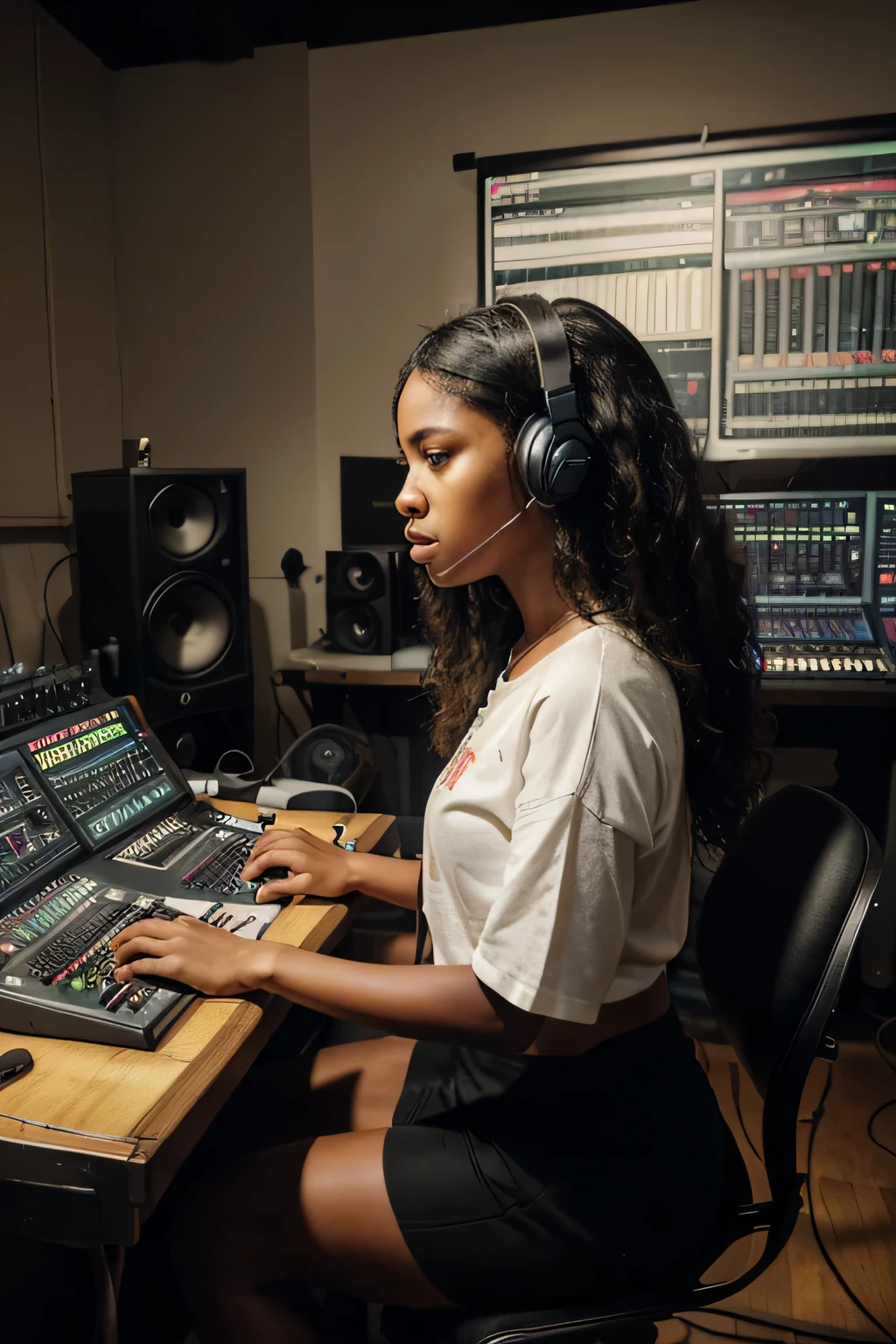 (best quality,4k,highres,masterpiece:1.2),ultra-detailed,realistic:1.37,black girl at the music studio with headphones,long curly hair,sitting in front of a music console, busy working,overlooking,documentary,candid shot,side profile,professional,portrait,audio engineer,creative process,inspired expression,intense focus,deep concentration,expertise,precision mixing,wearing stylish outfit,hip-hop vibes,modern digital equipment,keyboard controller,studio monitors,vintage microphone,beautifully designed control room,vibrant atmosphere,warm color palette,dramatic shadows,spotlight illumination,artistic composition