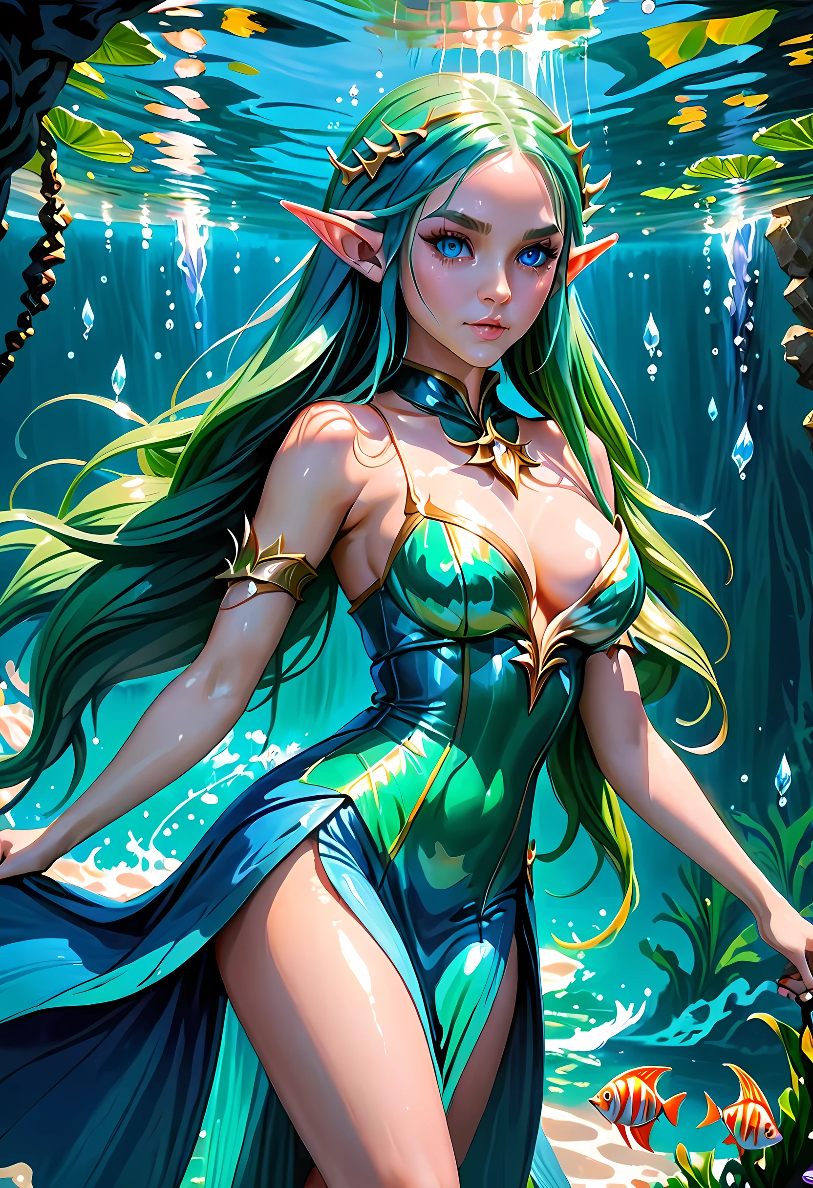 high details, best quality, 16k, [ultra detailed], masterpiece, best quality, (extremely detailed), dynamic angle, ultra wide shot, RAW, photorealistic, fantasy art, dnd art, rpg art, realistic art, an ultra wide picture of a sea elf (1.5 intricate details, Masterpiece, best quality) water mage casting ((water control spell)), water wizard ((water magic, intense magic details)), (( controlling a swirling mass of water)), magical symbols, female sea elf, blue skin, green hair, long hair, swirling hair, intense eyes, small pointed ears, ((blue eyes)), ((glowing eyes)), armed with magical wand, wearing sea shell clothing, beautiful elf, underwater background, rich underwater life, ((magical atmosphere)), fish and sea weeds, high details, best quality, highres, ultra wide angle