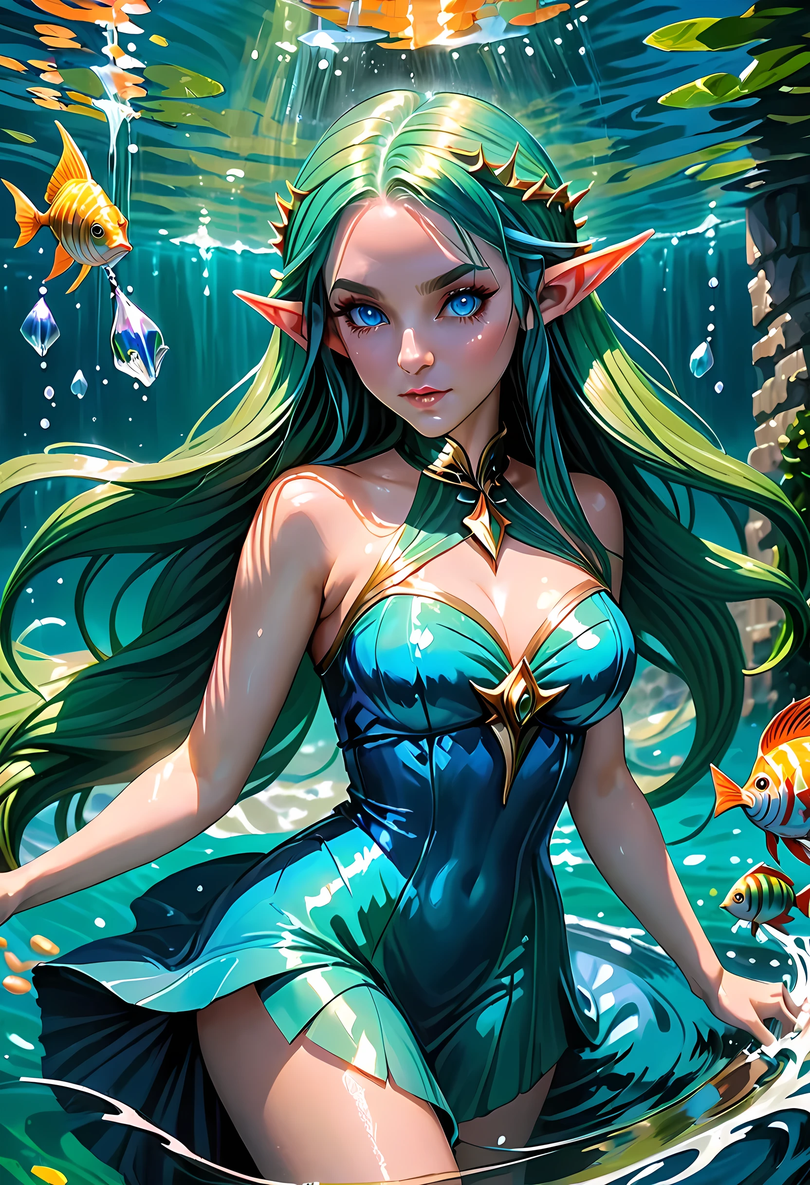 high details, best quality, 16k, [ultra detailed], masterpiece, best quality, (extremely detailed), dynamic angle, ultra wide shot, RAW, photorealistic, fantasy art, dnd art, rpg art, realistic art, an ultra wide picture of a sea elf (1.5 intricate details, Masterpiece, best quality) water mage casting ((water control spell)), water wizard ((water magic, intense magic details)), (( controlling a swirling mass of water)), magical symbols, female sea elf, blue skin, green hair, long hair, swirling hair, intense eyes, small pointed ears, ((blue eyes)), ((glowing eyes)), armed with magical wand, wearing sea shell clothing, beautiful elf, underwater background, rich underwater life, ((magical atmosphere)), fish and sea weeds, high details, best quality, highres, ultra wide angle