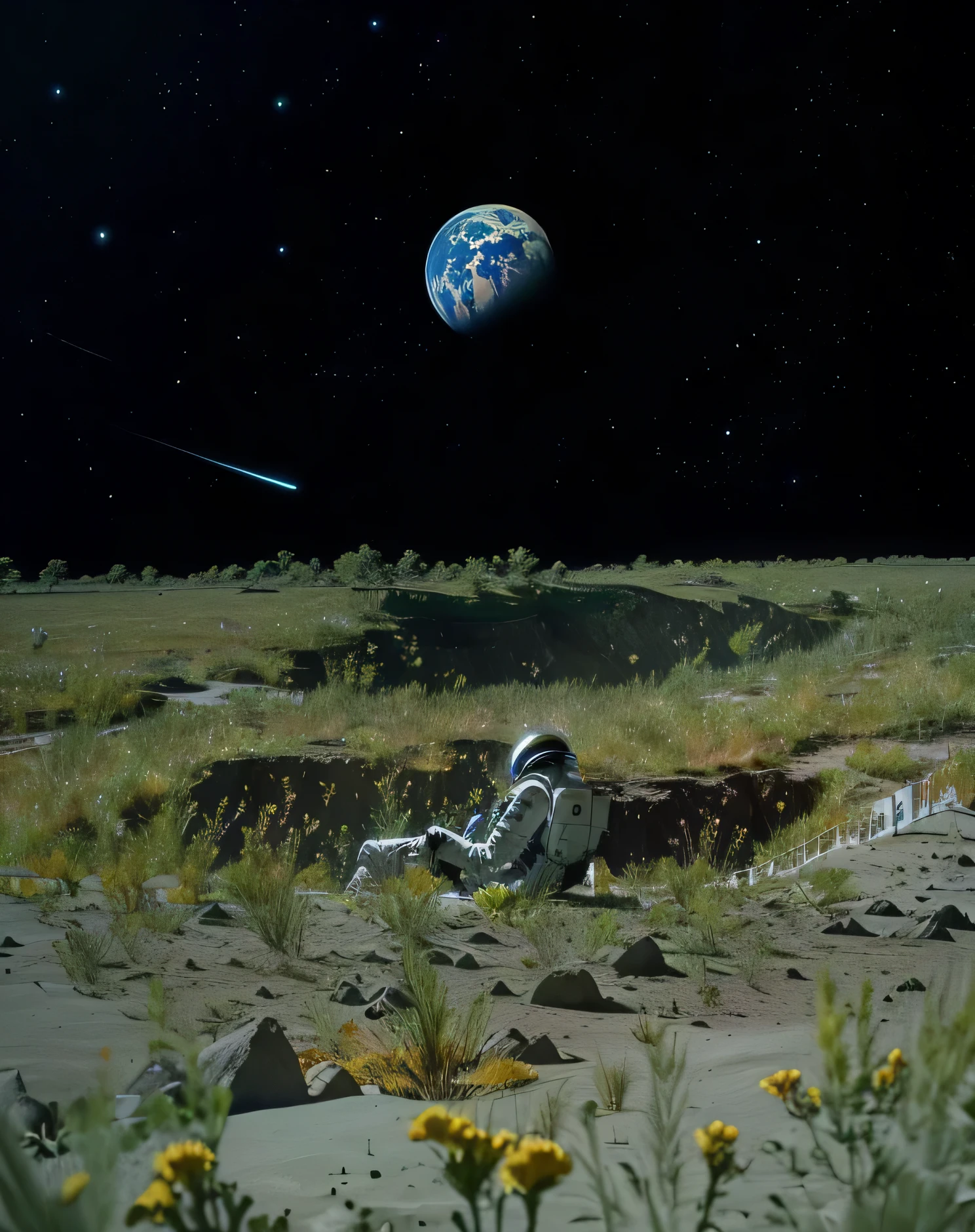 hay un hombre acostado en el suelo en la hierba, en la Luna, mirando las estrellas en la superficie de la luna, en la Luna, astronaut, en la luna, dream about outer space, a la deriva en el espacio, An astronaut relaxing in space, sentado en una luna, flotando en el espacio, inspirado en Scott Listfield, paisaje lunar, en otro planeta, Flotando en el espacio exterior