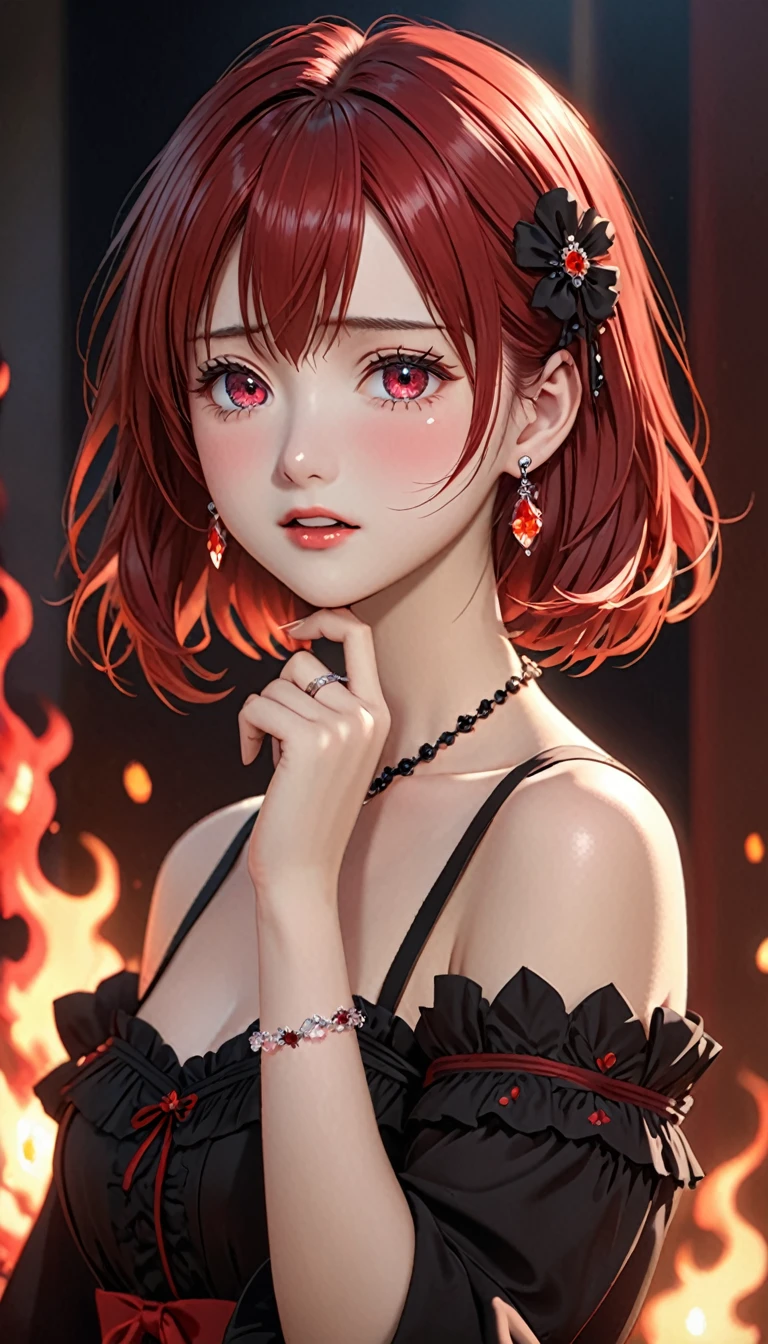 National Science Foundation,masterpiece,High resolution,8K,Art,digit,Three-dimensional,Realism,Kyoto Animation Style,your name movie style,looking into camera,Soft Light,Glowing skin,(1 female: 1.3),(alone: 1.4),(((red hair))),(Gorgeous black lolita),Black Lolita is inlaid with dark red gems,(crystal hairpin),(small crystal necklace),(crystal earrings),(crystal bracelet),(Crystal ring on index finger),Long eyelashes,Slender legs,Short Bob,Close-up of upper body,Close-up,close view,Castlevania style background,(Eyes as dark red as flames),(open mouth),(blush),(shy),(lovely and delicate),(Pitiful),(((cry))),(((sad)))