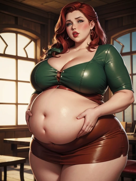 Fat pregnant triss merigold, red lipstick, eyeshadow, blushed, surprised, big cheeks, leather dress, Big lips, double chin, chubby body,bbw, morbidly obese, pregnant belly, uncontrollable weight gain 