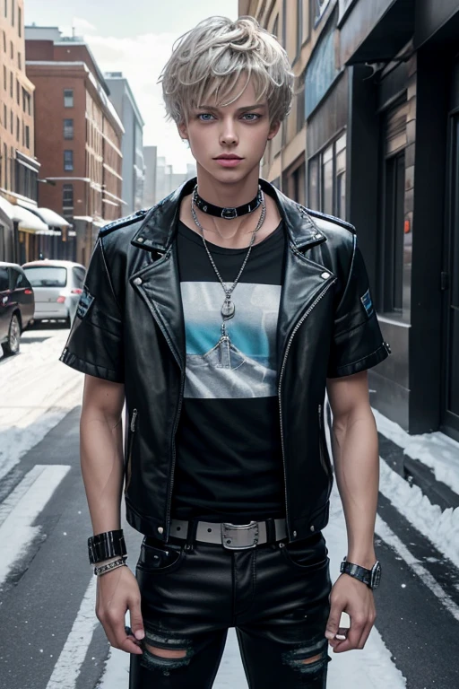  Jace Norman  20-year-old boy with open black jacket, blue t-shirt with snow print, short black hair, punk style, yellow locks, black jeans, green eyes, black leather belt, silver buckle, slim muscular build, cross medallion, silver bracelet, looking straight at the viewer