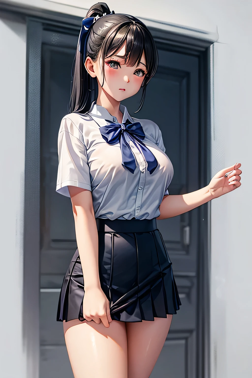 Thai student: white shirt, short sleeves with bow, dark blue skirt, stuffed shirt, short white socks, black shoes, black hair, big, tight breasts.
