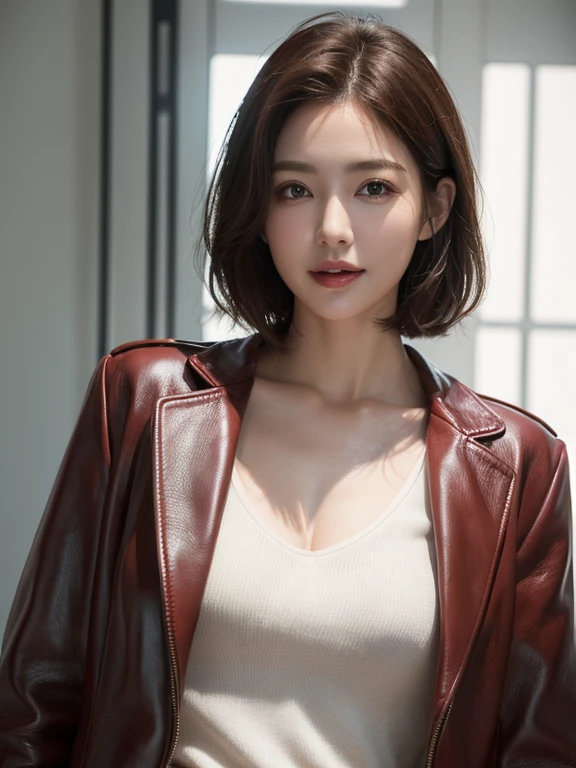 masterpiece,highest quality, (One mature woman、38 years old), ((close:0.5)), Glare, wool jacket,Genuine Leather Pants、 White shirt, double eyelid, Lip gloss, (smile:1), ((close your eyes:0.85)), ((Looking at the audience))、(Whole body image)、((Are standing)), to be born, (From above:0.2), ((no one)), （office）、Written boundary depth、(Reddish brown wet shiny short hair,),Red Mouth,clavicle、Full body portrait、digital illustration, (Photorealistic:1.3),(RAW Photos.)