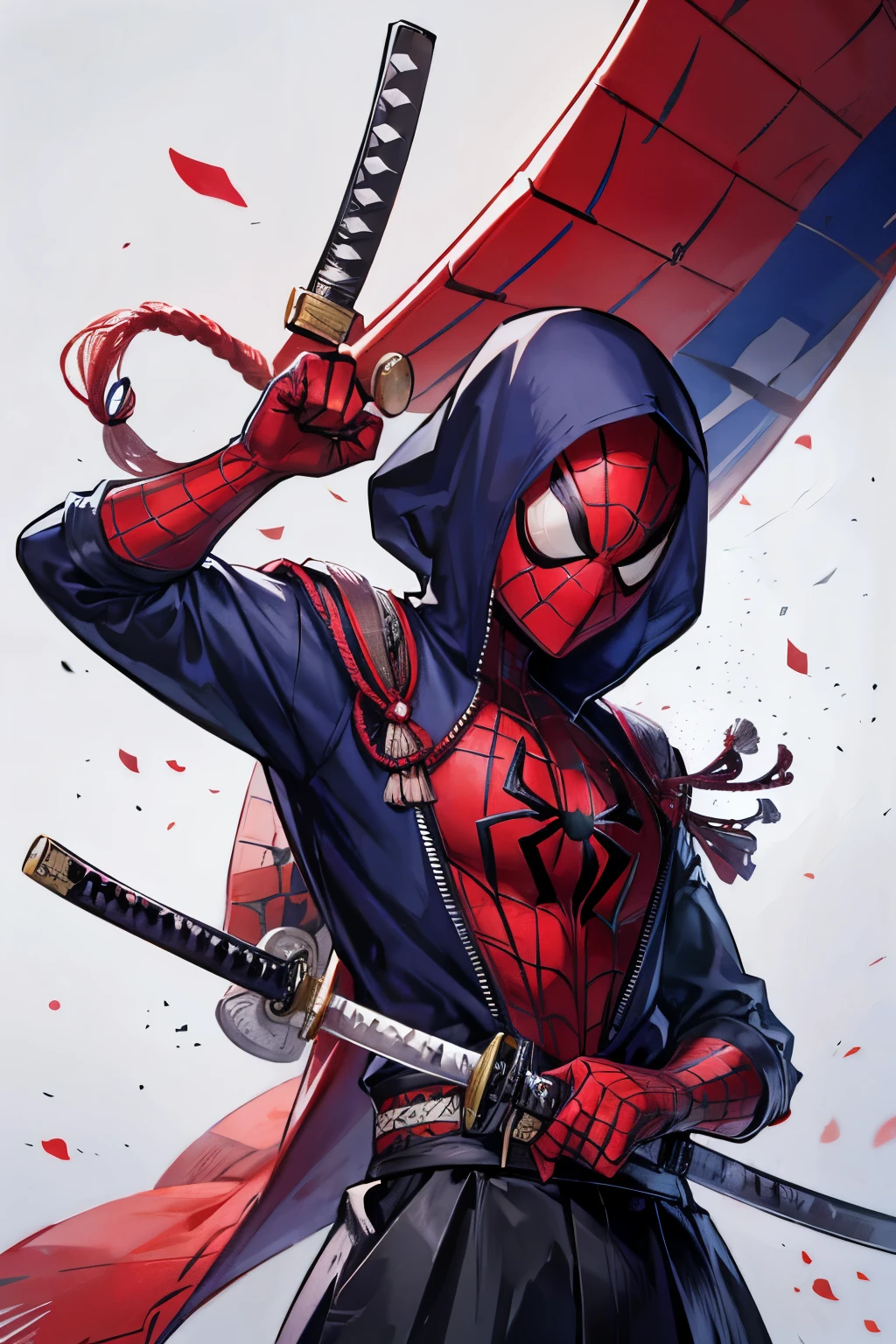 Spiderman samurai clothing and a katana