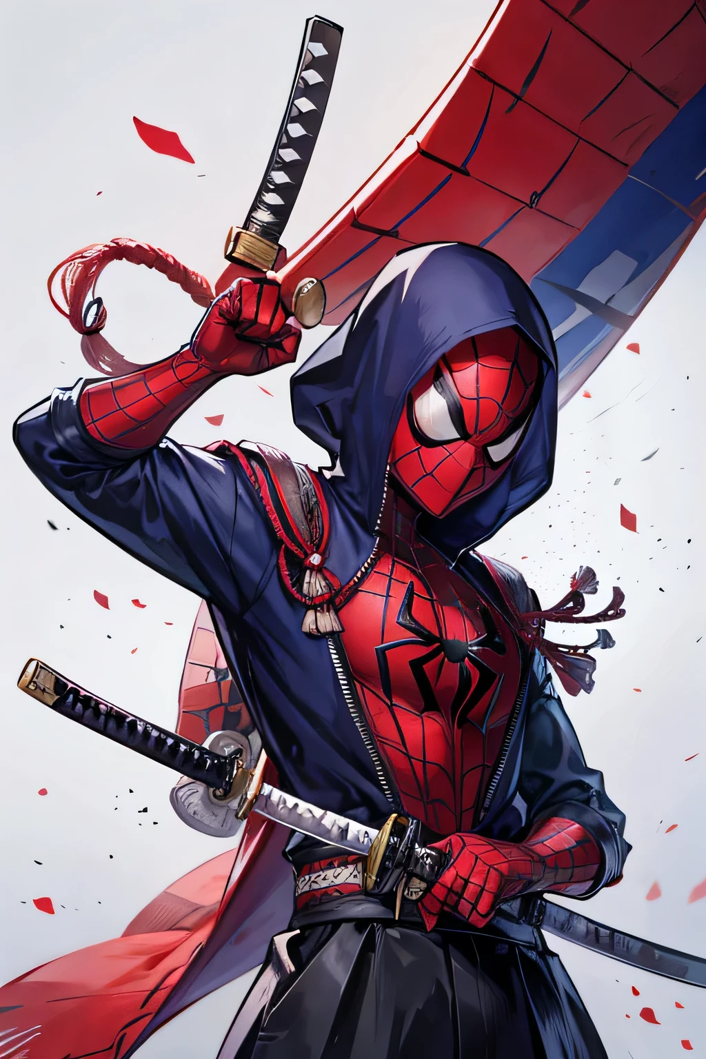 Spiderman samurai clothing and a katana