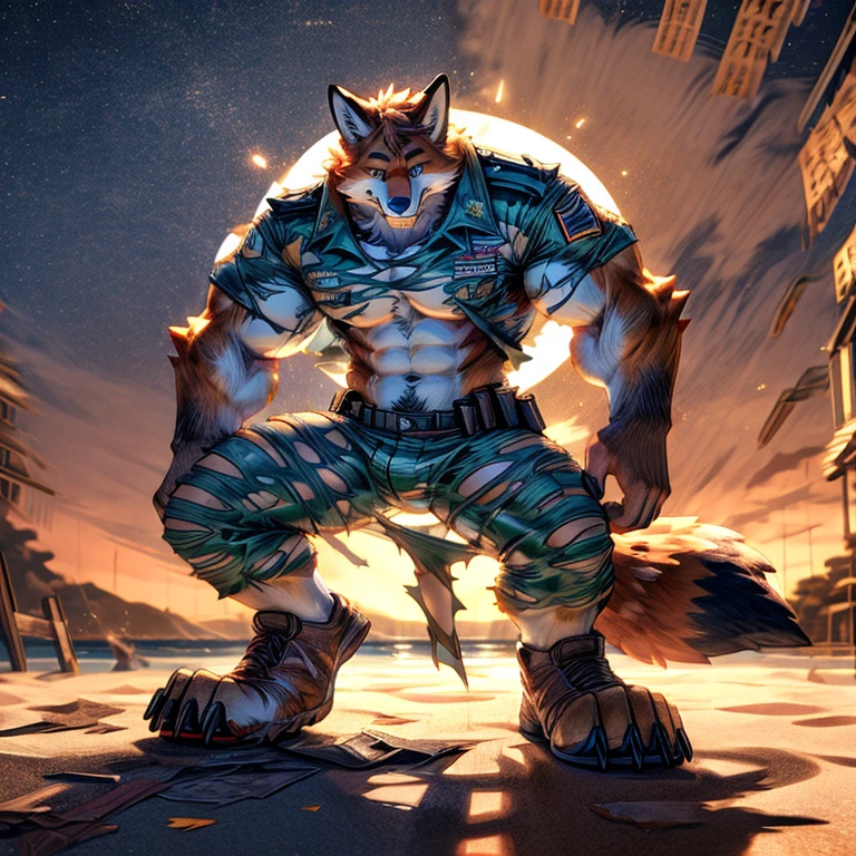 A human army officer (((((partially transformed))))) into an (anthro muscle red fox) on a beach. (((human legs))), ((human feet)), (shocked expression), (ripped clothing), broad shoulders, big biceps, (((big feet))), (detailed red fox face), male focus, detailed eyes, high quality, best quality, concept art, photorealistic, (((midtransformation))), Mid transformation, Masterpieces, furry, male, Anthropomorphic, red fox, blue eyes, black mark, veiny, thin body, age 20, Delicate eyes, furred body, war veteran, anime, on a beach, perfect lighting, light particles, (best quality), (masterpiece), (ultra detailed), sharp focus, light particles, detailed barren background, green military, black polo, fierce look, soldier look, full body, eight pack abs, on all four, torn boots, ripped clothes Looking is right hand 