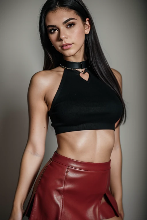18 year old british girl, short scottish red skirt, leather choker with hearts, medium breasts, big big hips, black lips, green eyes, medium eyelashes, medium nose, medium ears, thick eyebrows, long black hair, looks away, natural skin, moles on skin, (cinematic, film grain: 1.1) smile, dynamic body posture, full body, + cinematic darkness, chiaroscuro, contrasted, ma(:0)disyn s(:0)hipman, all prologue, continuation, youth body, at the French Riviera film festival, corporate punk, wrapped, surreal, high quality photography , 3-point lighting, flash with softbox, 4k, leica m6, hp5 plus, sharp focus, high resolution, award-winning photography, medium photo grain, 50mm, f2.8, depth of field