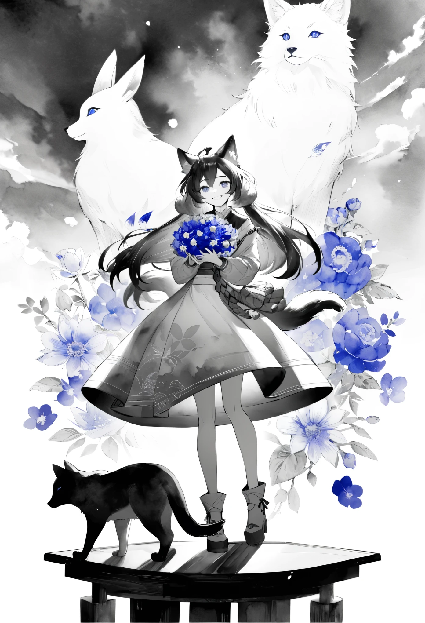 monochrome, watercolor, highres, top quality, best quality, paid reward available, High-quality illustrations, unparalleled masterpiece, perfect artwork, absurdres, 1girl, kemono, furry, detailed body fur, animal face, animal hand, Archaic Smile, holding a cluster of sky blue flower in both hands, which are positioned at chest level, She is wearing a simple ring on the ring finger of her left hand, unfocused spread of sky blue flower, fan-created work shared on platforms Pixiv or Twitter,