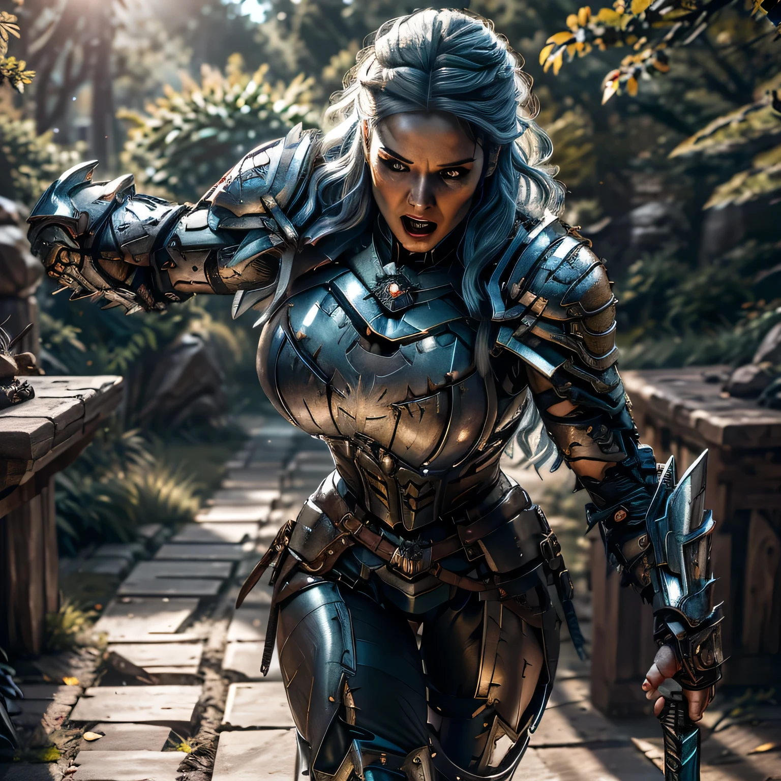 8K,asgard female warrior with very big breasts,Super beautiful(like the real thing),black very large chest armor,realistic skin,luxury black pants,Has a large, long black spear,sexy,muscular slim body,ripped abs,black shoulder armor,black waist armor,black leg armor,desert, rich colors, Backlight, cinematic lighting, film grain, RAW, 50mm lens,nikon D850,ultra high resolution,Super realistic,goddess,battle scene,action scene,action pose,shine a light on the face, long wavy blue hair, the Witcher, the Witcher armor, yennefer, running in the forest, talking, screaming , battle cry, war screaming