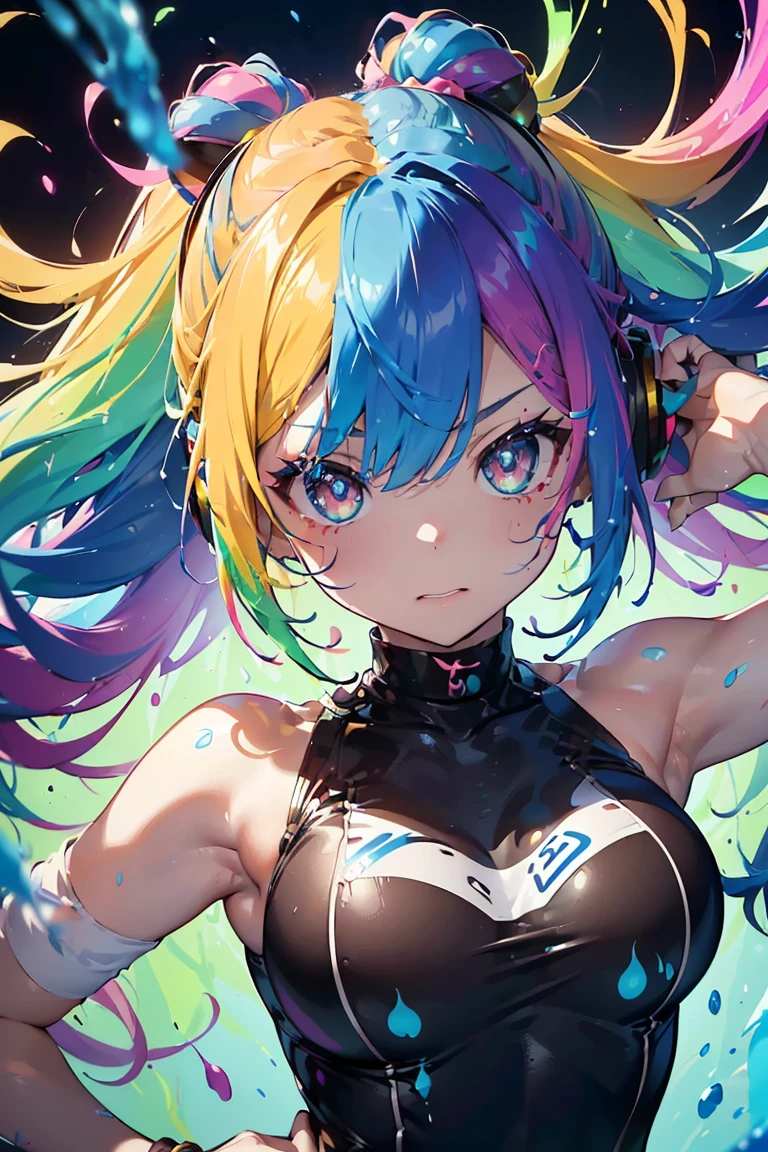 (Dragon Girl), Chinese boxing, Martial Arts, Stance, Anime girl with headphones,belly button, (Big Breasts:1.3),((Upward glance:1.3, Perfect Eyes , レインボーは超detailedなターコイズレッドの目を輝かせます:1.1, Gradient Eye:1, Beautiful detailed eyes:1, Symmetrical eyes:1, Big Eye Highlights:1.2)), blush, (Open your mouth), anger,In a psychedelic room, (Light Skin: 1.5, Sunburned skin, Light Skin, very Light Skin, Bright body), Psytranceのイラスト, Psytrance, psychedelic art style, Neon Color Theme, (((masterpiece))), (Complex), 8k, highest quality, (Visual Intensity: 1.5),
(((liquid paint hair:1.1))) ,(((Neon colored hair :1.5))), ((Painted、Defying Gravity,Thick flow),(Paint splashes:1.3), (Shiny Hair: 1.3), (Bright colors), Embarrassing,Centered,Scale to fit,Three-part method, Body nicely covered in paint on a multi-colored background, Colorful themes, Splash Paint Regeneration, Beautiful light, Colorful light particles,High contrast in clothing, Color Splash, Colored walls, Complex detailed, Exposure Blending, High resolution, (Graffiti art),more_detailed:0.5,
