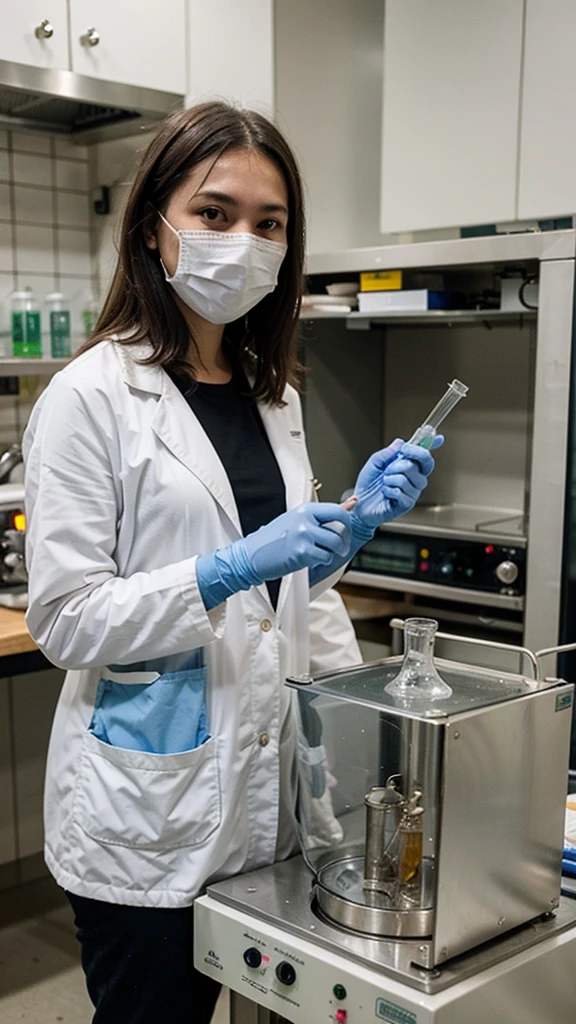 Create a realistic picture that is presented with the laboratory works. Worker is an Indonesian men wear safety protective equipment, white long-sleeved laboratory coats, blue masks, white head covering. Worker is observing observing bacteria in a microscope. The background is a laboratory room which looks clean and orderly. There are various analytical equipment such as burret, distillator, microwave oven, desiccator, flask, fumehood, autoclave, and spindle flocculator test jar.