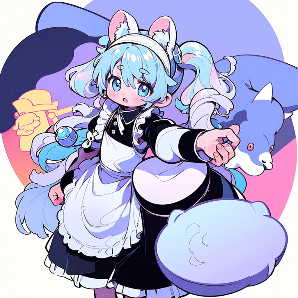 Best Quality, masterpiece, long hair,  solo, long pigtails, white background, white hair, simple background, long hair, light blue eyes, ((brown skin 1:1)), brown skin, blushing, light blue maid costume, oversized light blue hoodie, white bear ears, (normal lighting), maid headband, tenshi kaiwai, ((solo)), ((1girl))