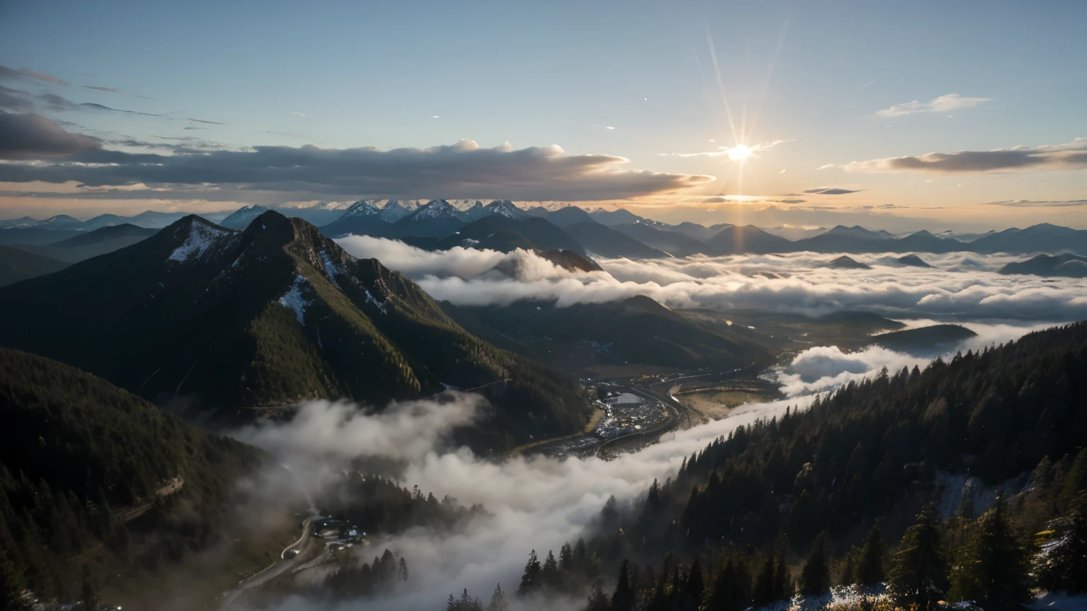 Passage over scenic, sunlit evergreen mountains shrouded in mist, aerial shot