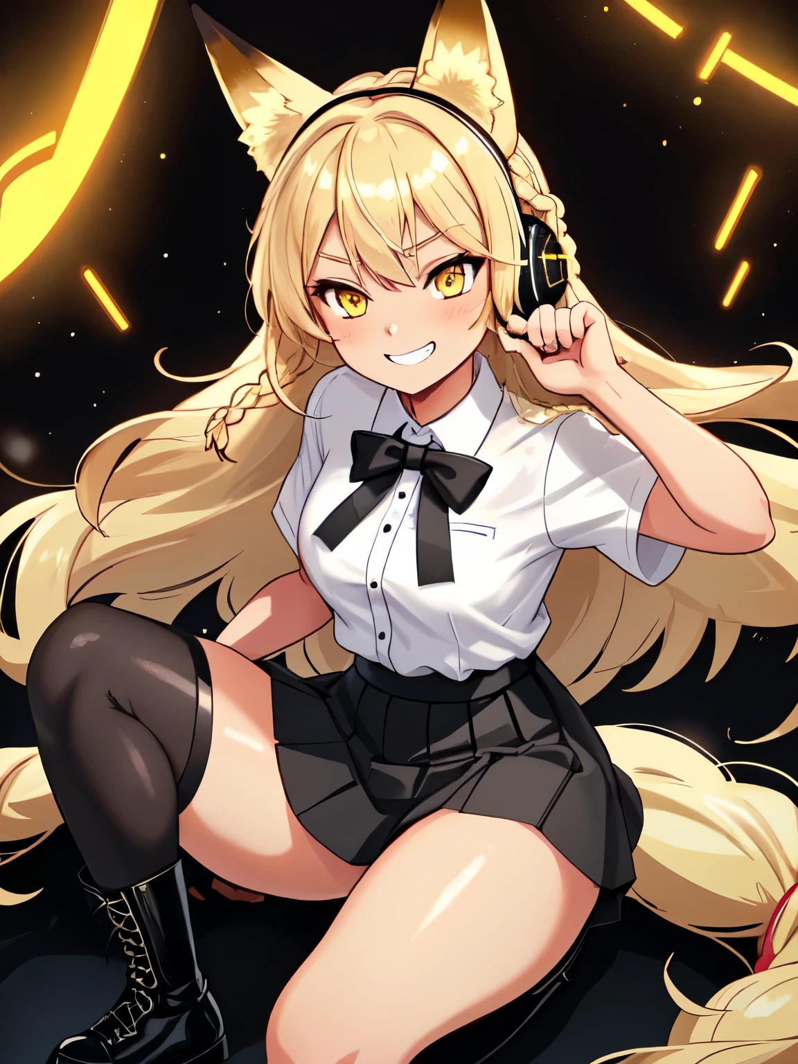 A tan girl, yellow eyes, small breasts, blonde braided hair, blonde fox ears, wearing white button up shirt, black tie, black skirt, black combat boots, grinning, thick thighs with headphones animating an event with music