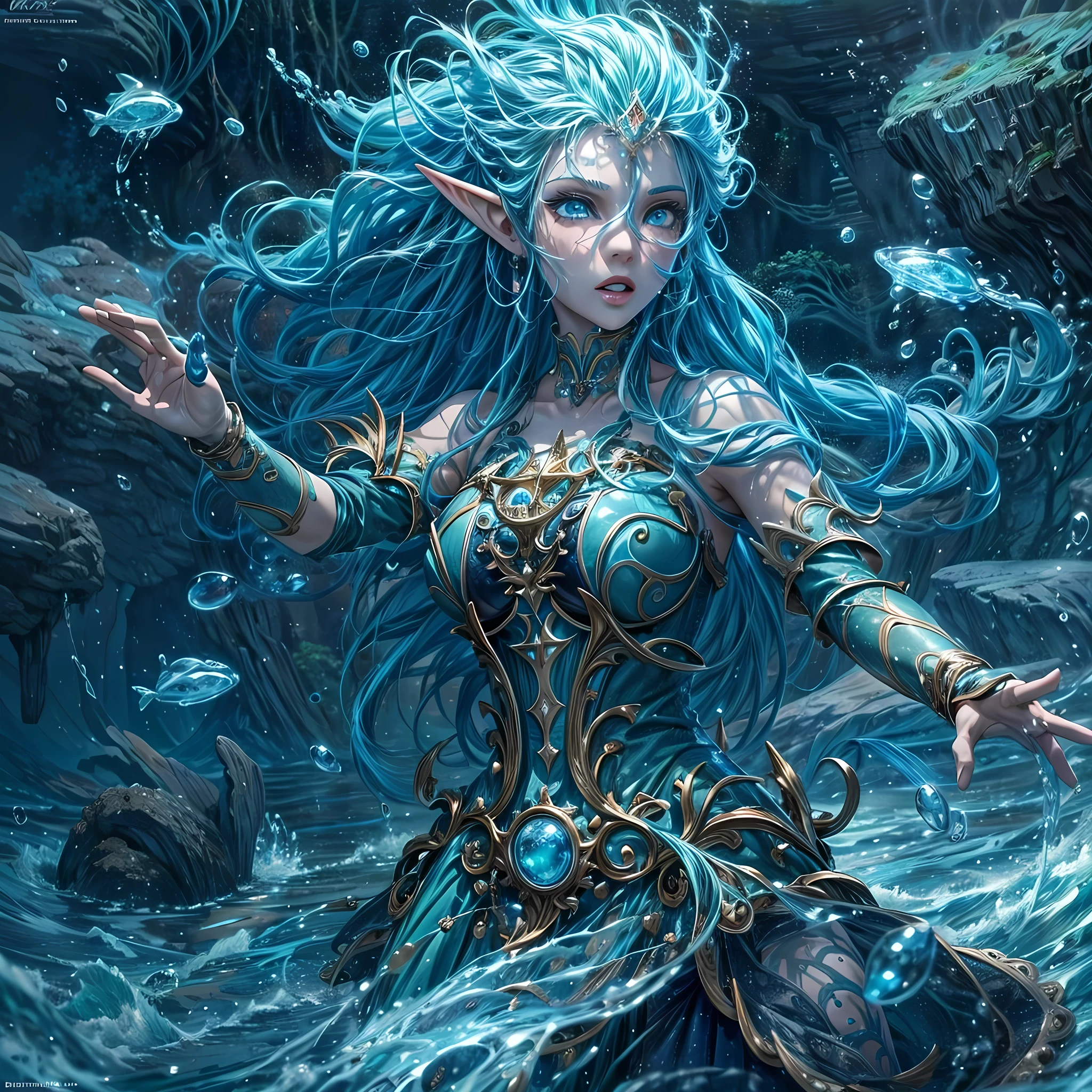 high details, best quality, 16k, [ultra detailed], masterpiece, best quality, (extremely detailed), dynamic angle, ultra wide shot, RAW, photorealistic, fantasy art, dnd art, rpg art, realistic art, an ultra wide picture of a sea elf (1.5 intricate details, Masterpiece, best quality) water mage casting ((water control spell)), water wizard ((water magic, intense magic details)), (( controlling a swirling mass of water)), magical symbols, female sea elf, blue skin, green hair, long hair, swirling hair, intense eyes, small pointed ears, ((blue eyes)), ((glowing eyes)), armed with magical wand, wearing sea shell clothing, beautiful elf, underwater background, rich underwater life, ((magical atmosphere)), fish and sea weeds, high details, best quality, highres, ultra wide angle