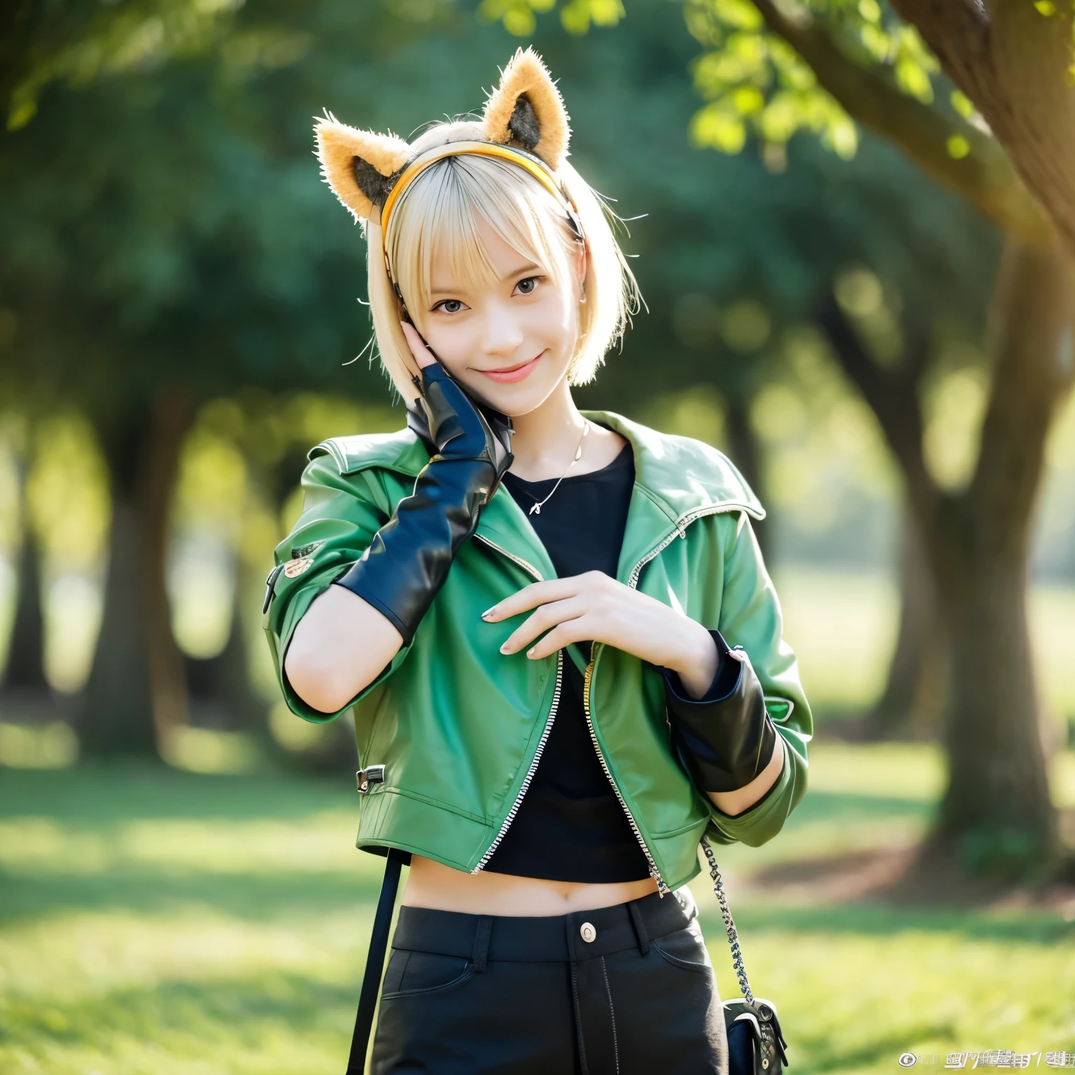 tree, gloves, girl focus, grass, 1girl, animal ears, solo, leaf, open mouth, smile, outdoors, fingerless gloves, day, blonde hair, hair ornament, nature, boots, palm tree, short hair, branch, looking at viewer, forest, teen, 16 age, wrist blade, black shorts, crop top, yellow scarf, short green jacket, black short shirt, lightning shaped pendant, add_detail:0.5, perfect hands, nice hands
